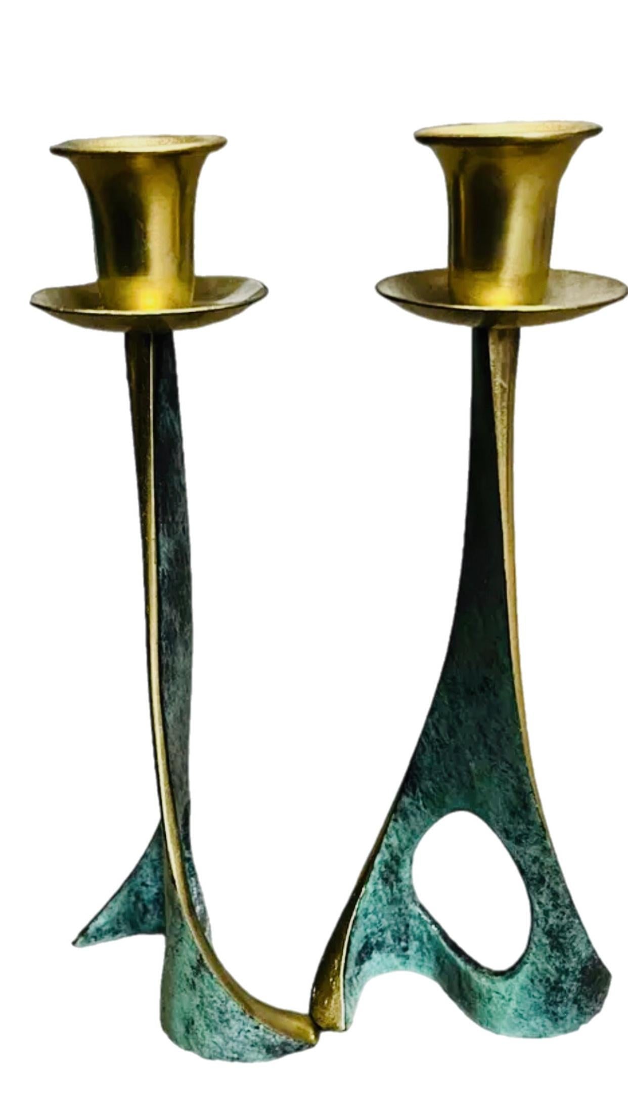 Frisman Vintage 50s Pair Vintage Pal Bell Abstract Modernist Brass Verdigris CandleHolder Israel
