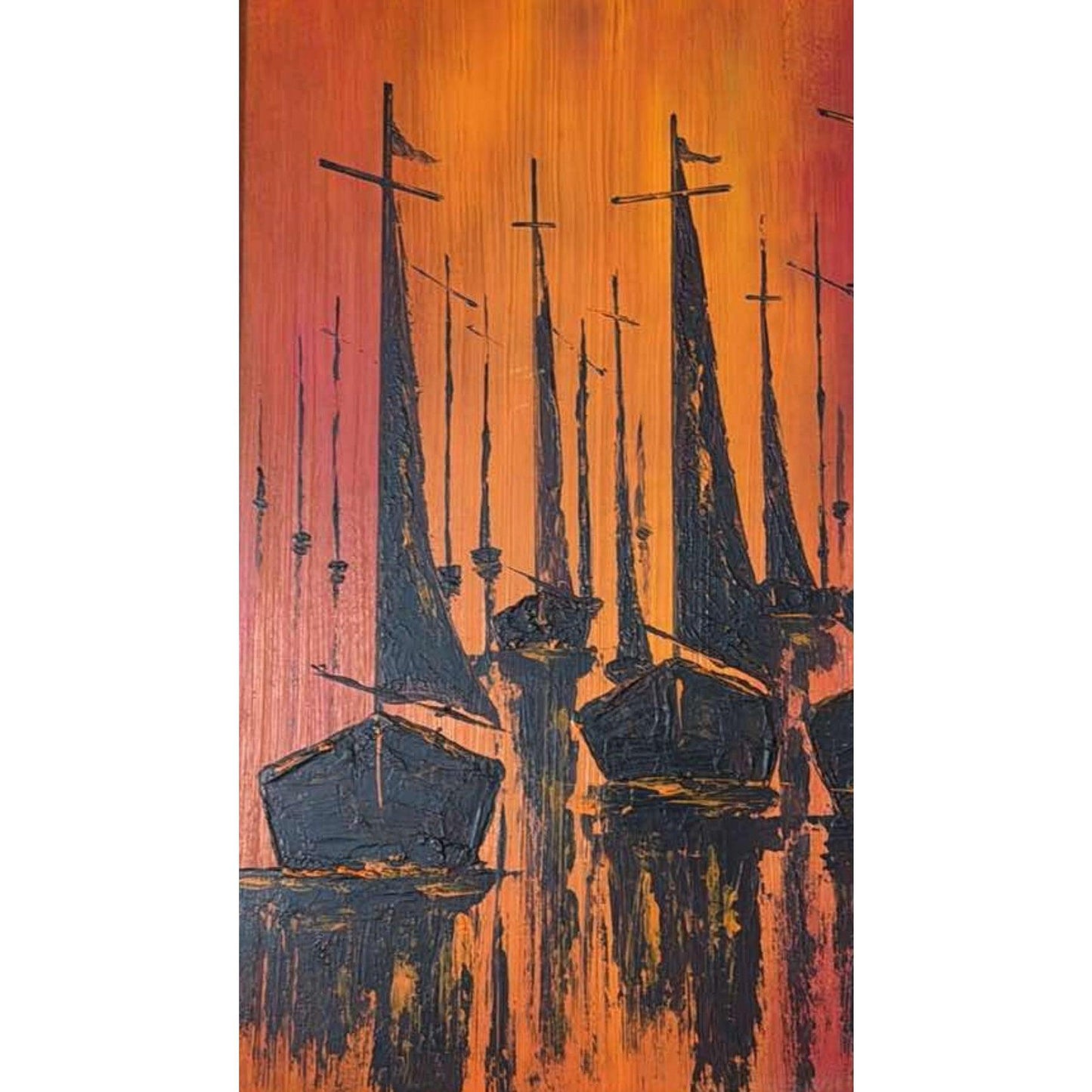 Frisman Vintage 1970s Vintage W. Kwan Mid Century Modern Fiery Sailboats Nautical Oil Painting