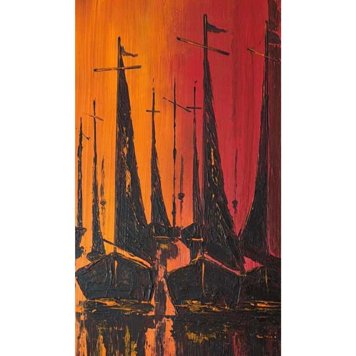 Frisman Vintage 1970s Vintage W. Kwan Mid Century Modern Fiery Sailboats Nautical Oil Painting