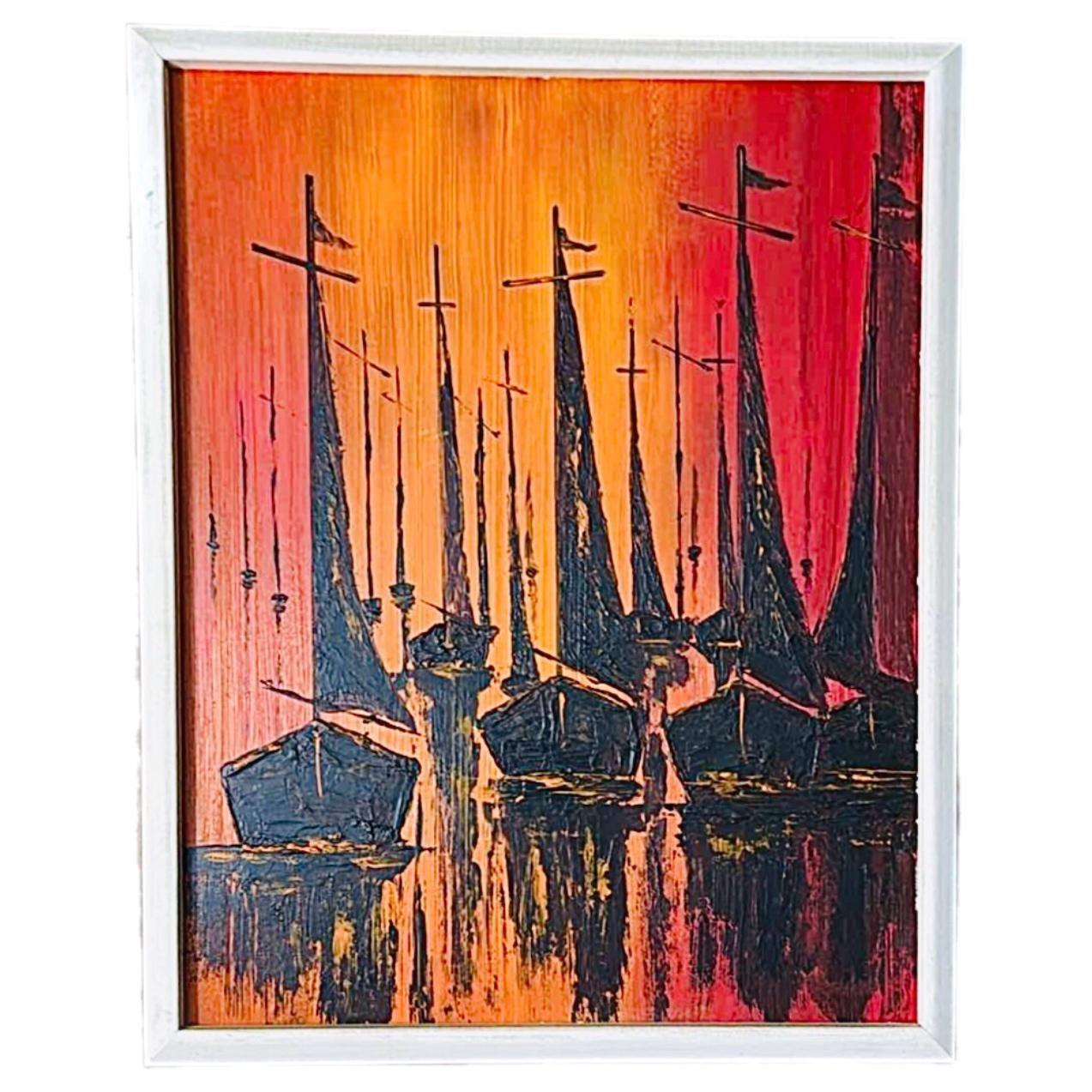 Frisman Vintage 1970s Vintage W. Kwan Mid Century Modern Fiery Sailboats Nautical Oil Painting