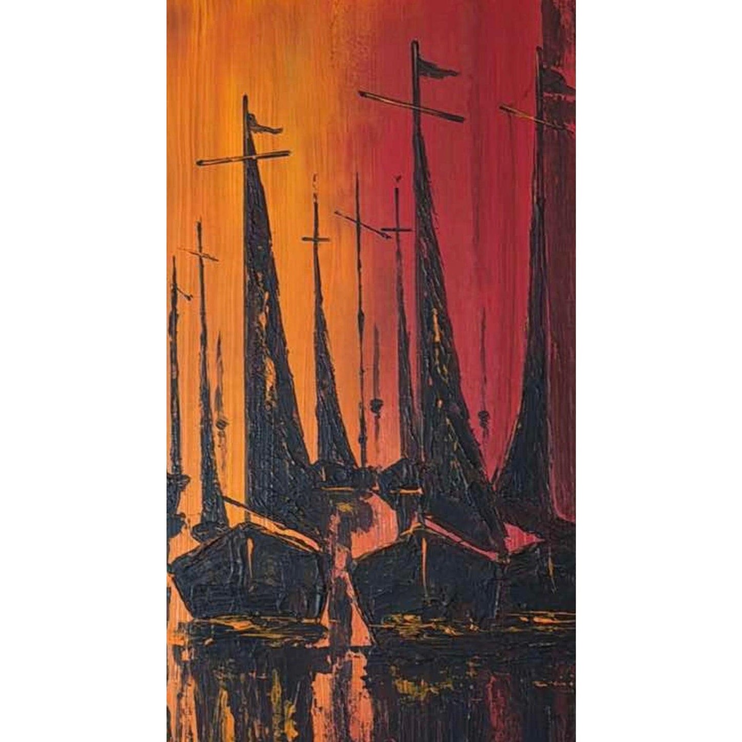 Frisman Vintage 1970s Vintage W. Kwan Mid Century Modern Fiery Sailboats Nautical Oil Painting