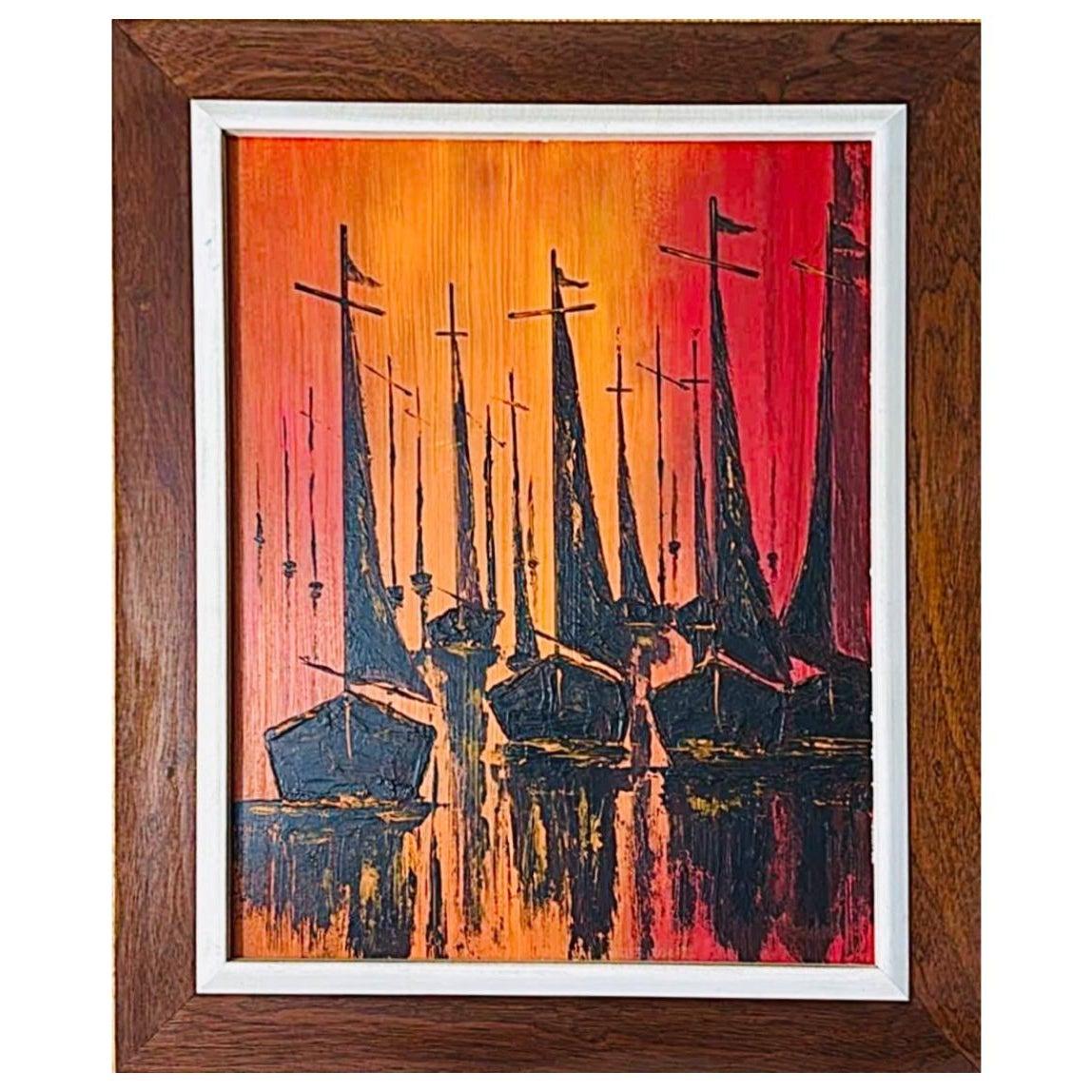 Frisman Vintage 1970s Vintage W. Kwan Mid Century Modern Fiery Sailboats Nautical Oil Painting