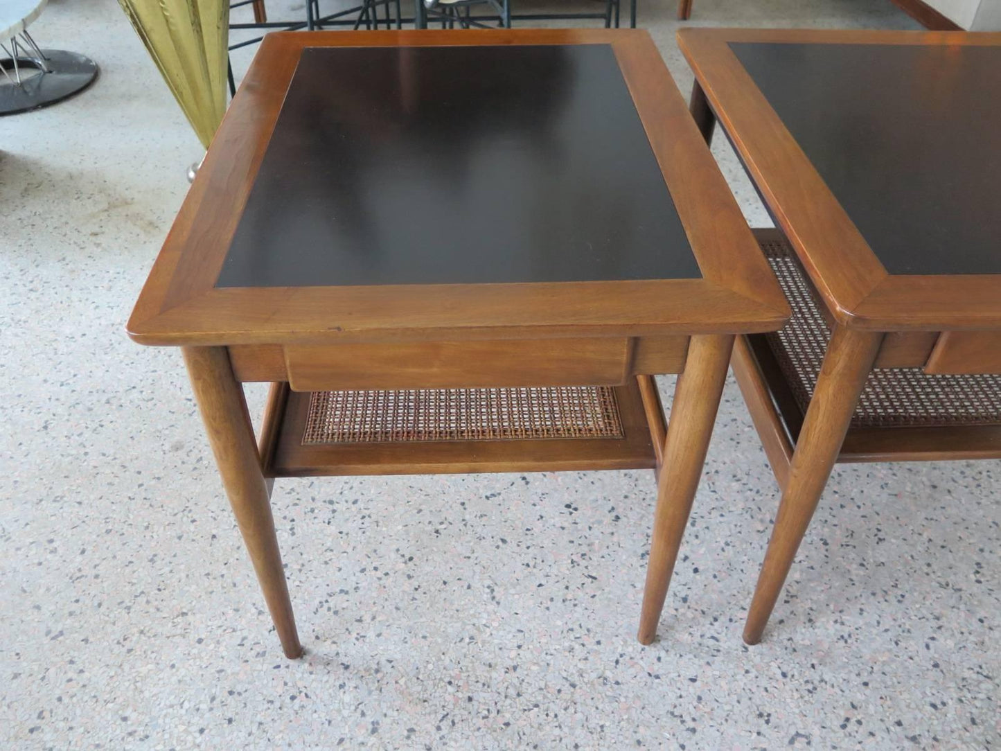 Frisman Vintage A Pair of American of Martinsville Occasional Tables with Caned Shelf