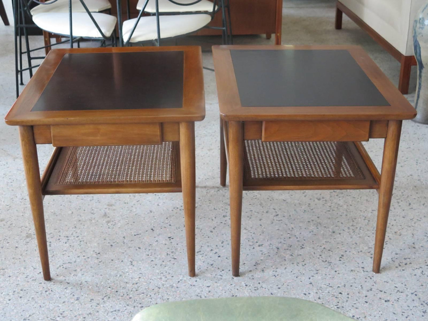 Frisman Vintage A Pair of American of Martinsville Occasional Tables with Caned Shelf