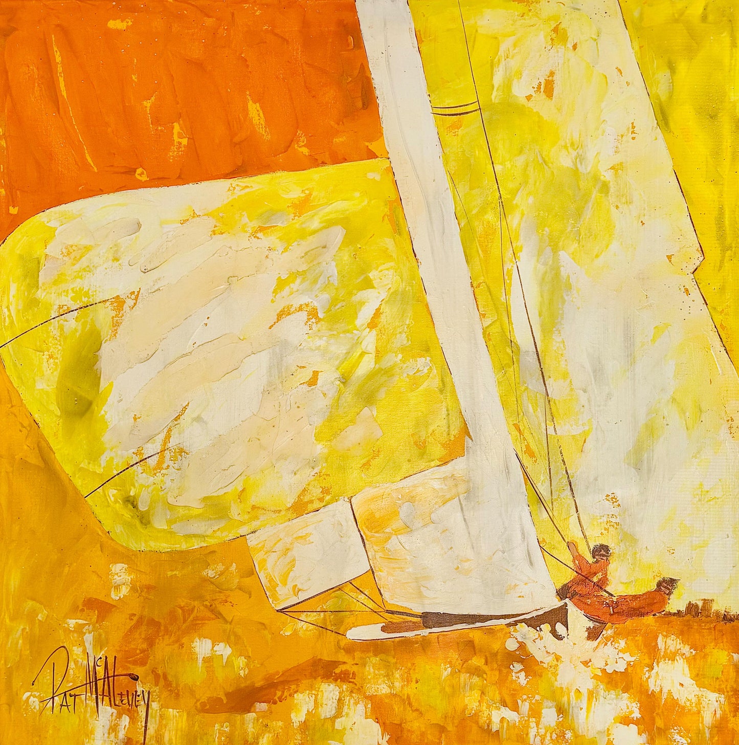 Frisman Vintage Pat McAlevey Mid Century Modern Abstract “Full Sail” Sailboat Race Oil Painting