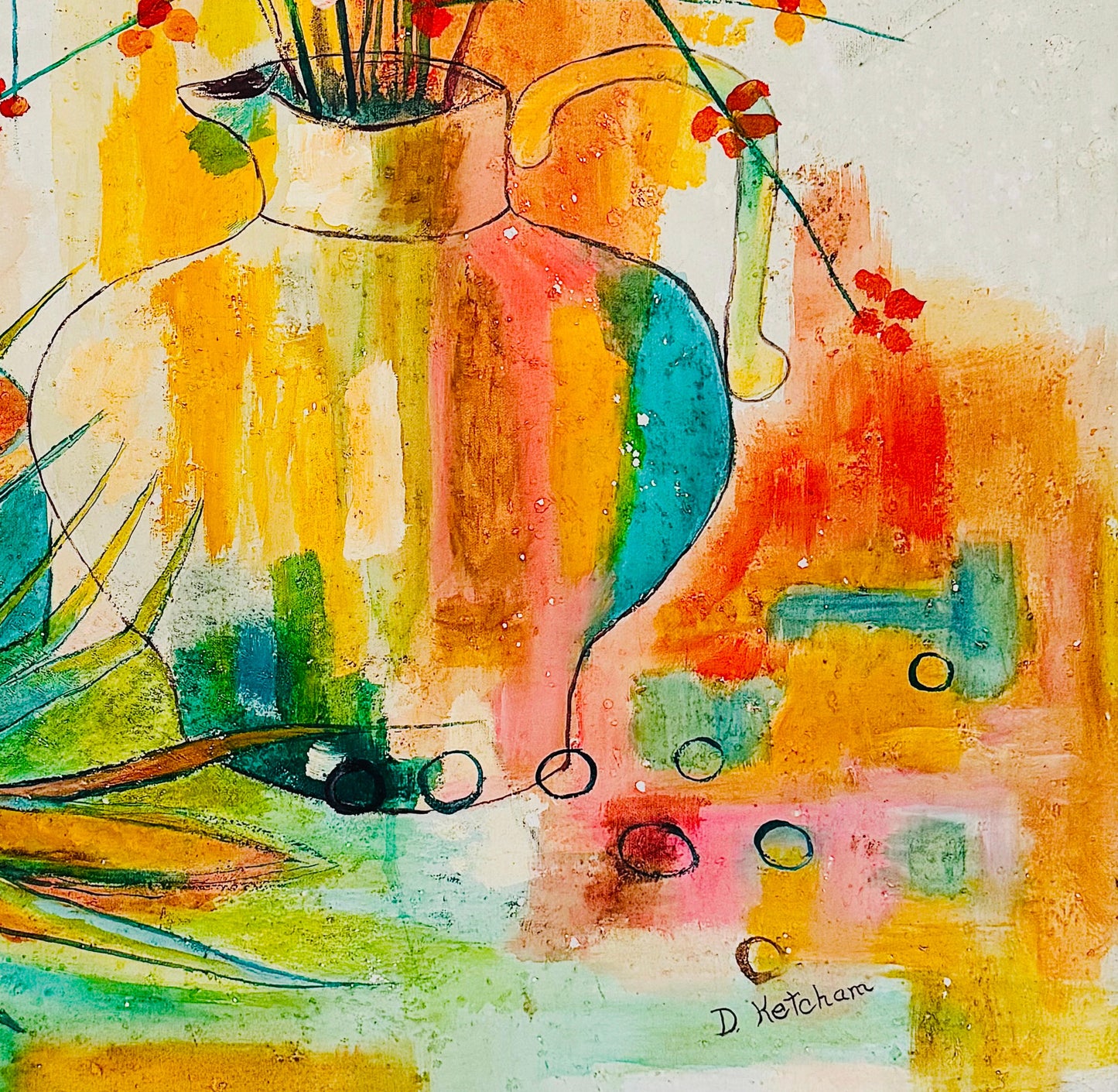 Frisman Vintage Mid Century Modern D. Ketcham Mixed Media Abstract Impressionist Floral Painting