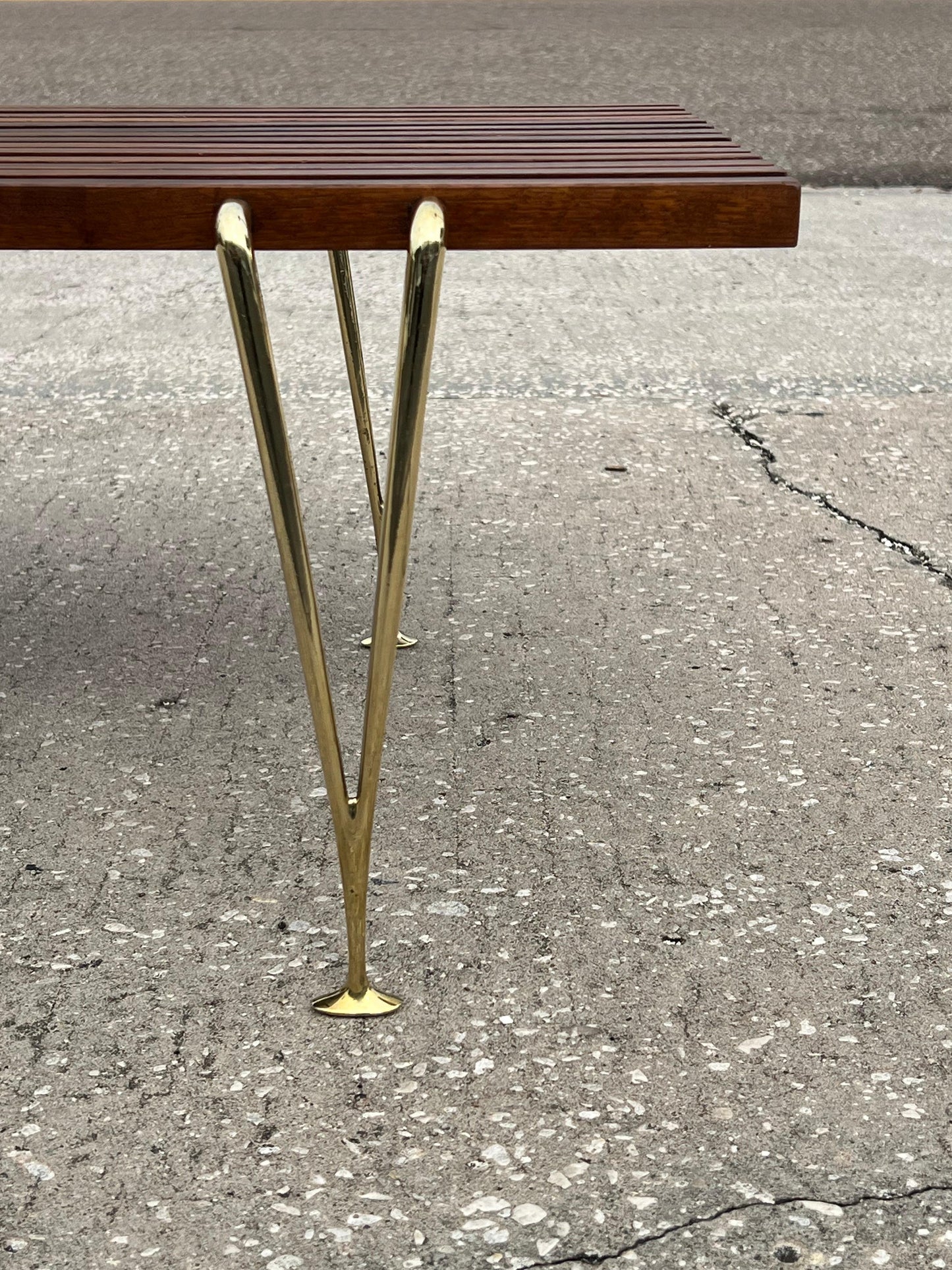 Frisman Vintage A Classic Hugh Acton Slat Bench With Solid Brass Legs ca' 1950's