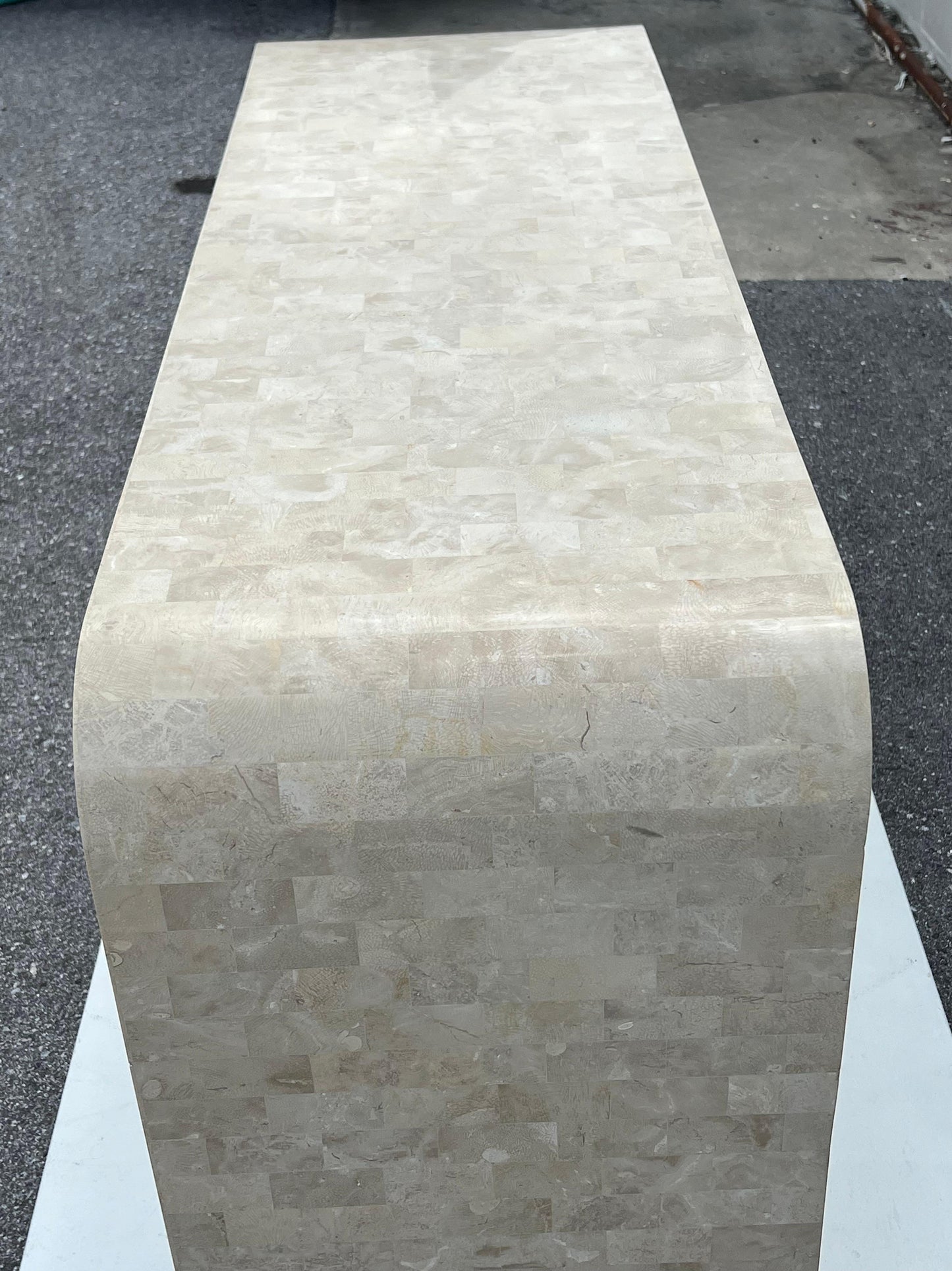 Frisman Vintage Maitland Smith Tessellated Stone Rounded Credenza with Brass Detailing Ca' 1980'