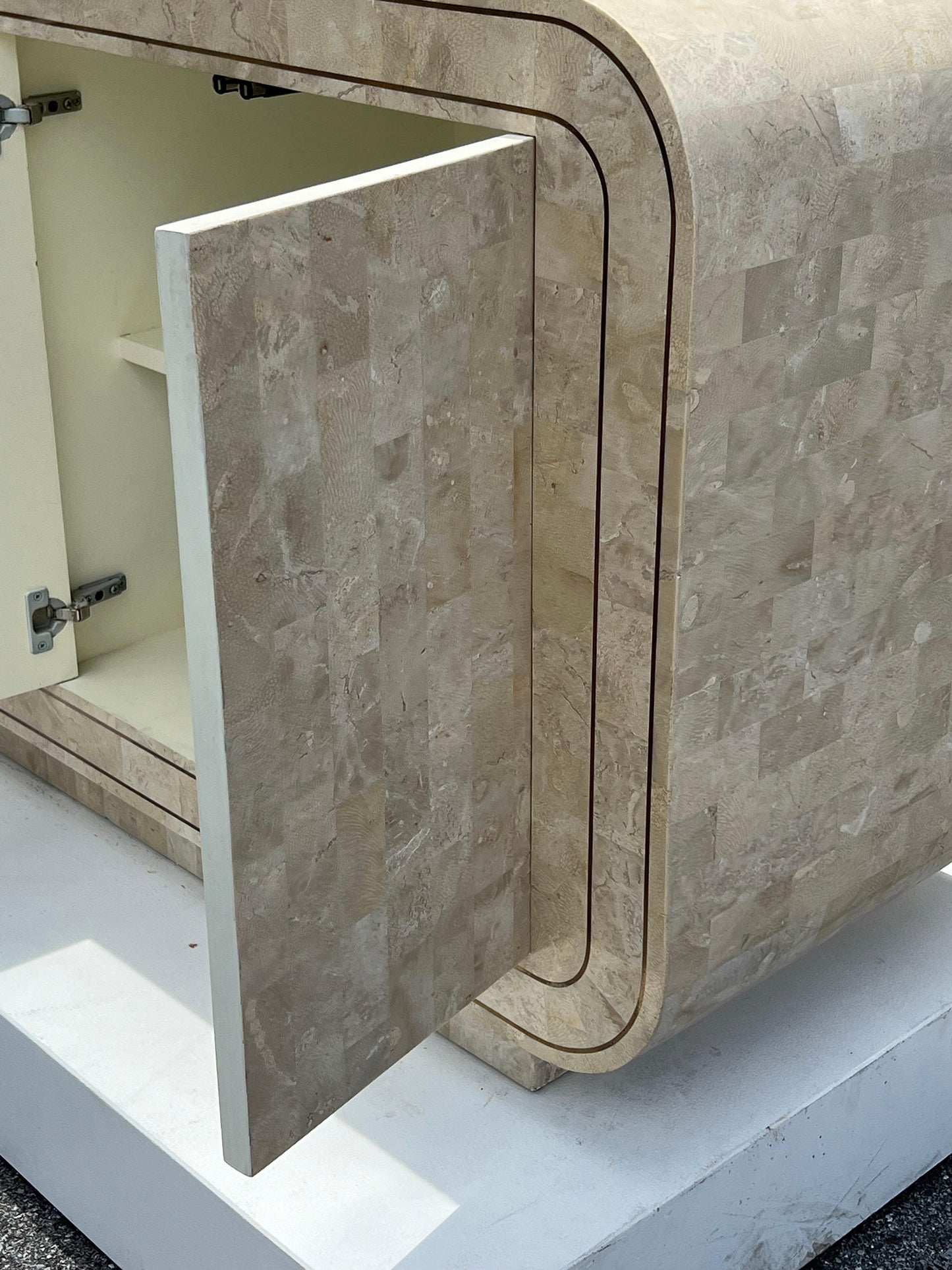 Frisman Vintage Maitland Smith Tessellated Stone Rounded Credenza with Brass Detailing Ca' 1980'
