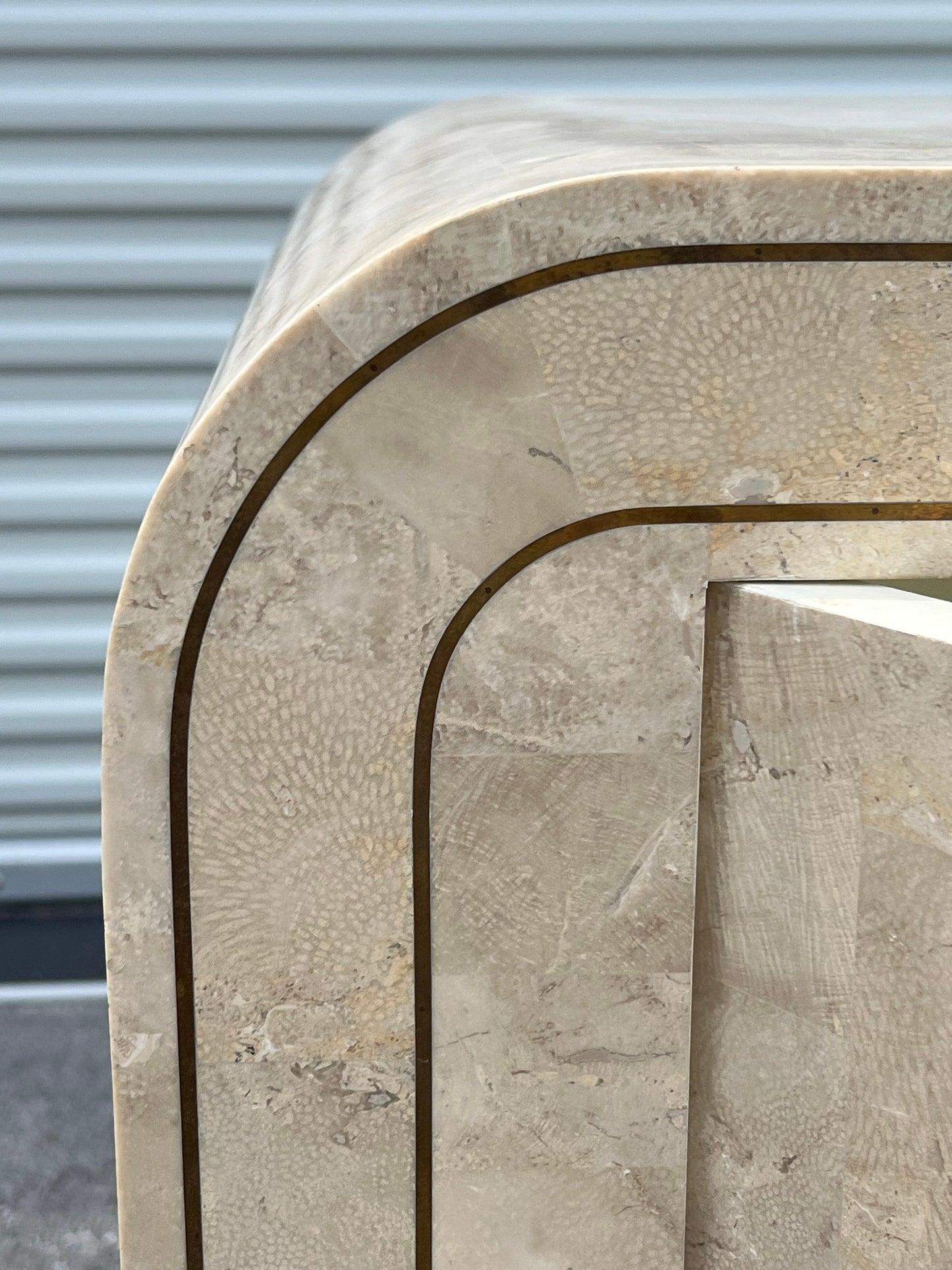 Frisman Vintage Maitland Smith Tessellated Stone Rounded Credenza with Brass Detailing Ca' 1980'