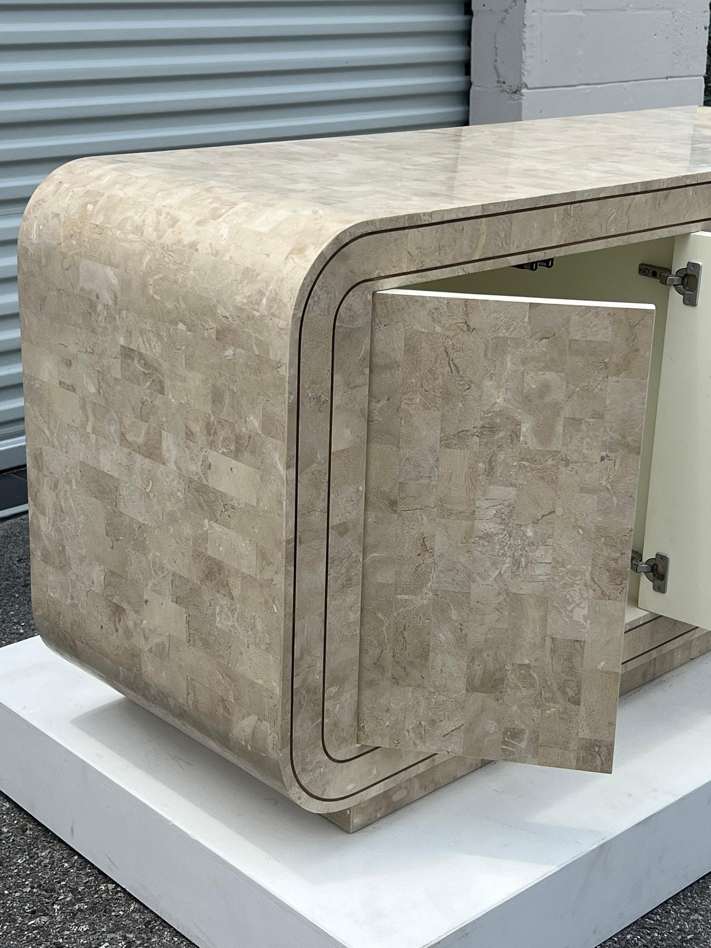 Frisman Vintage Maitland Smith Tessellated Stone Rounded Credenza with Brass Detailing Ca' 1980'