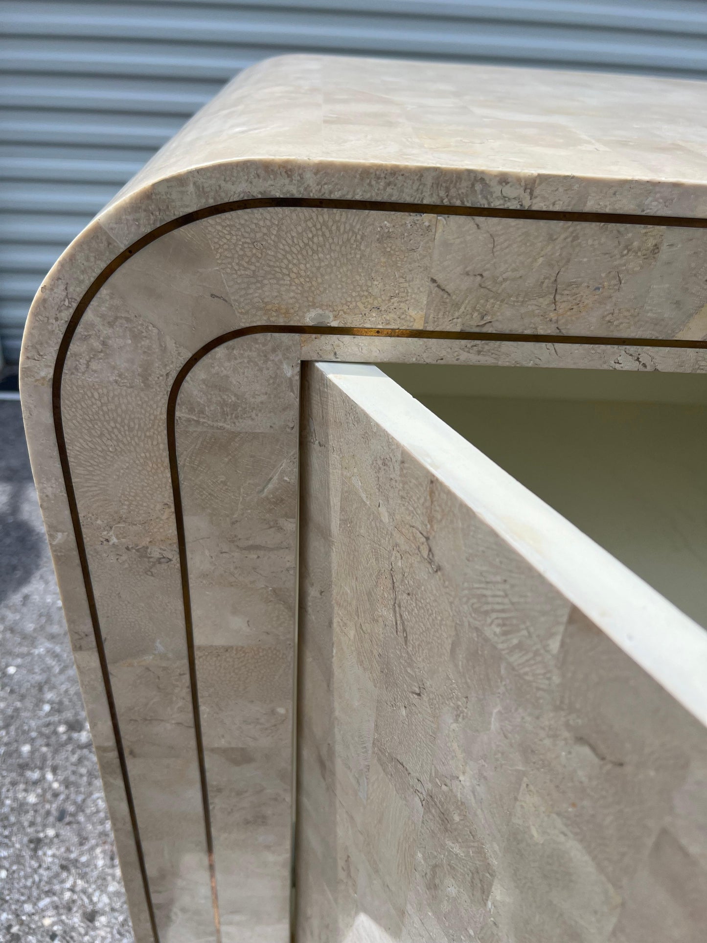 Frisman Vintage Maitland Smith Tessellated Stone Rounded Credenza with Brass Detailing Ca' 1980'