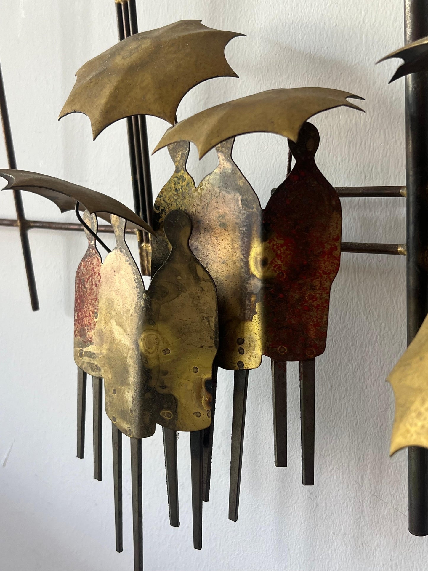 Frisman Vintage A Curtis Jere Brass Sculpture Umbrellas And People ca' 1970's