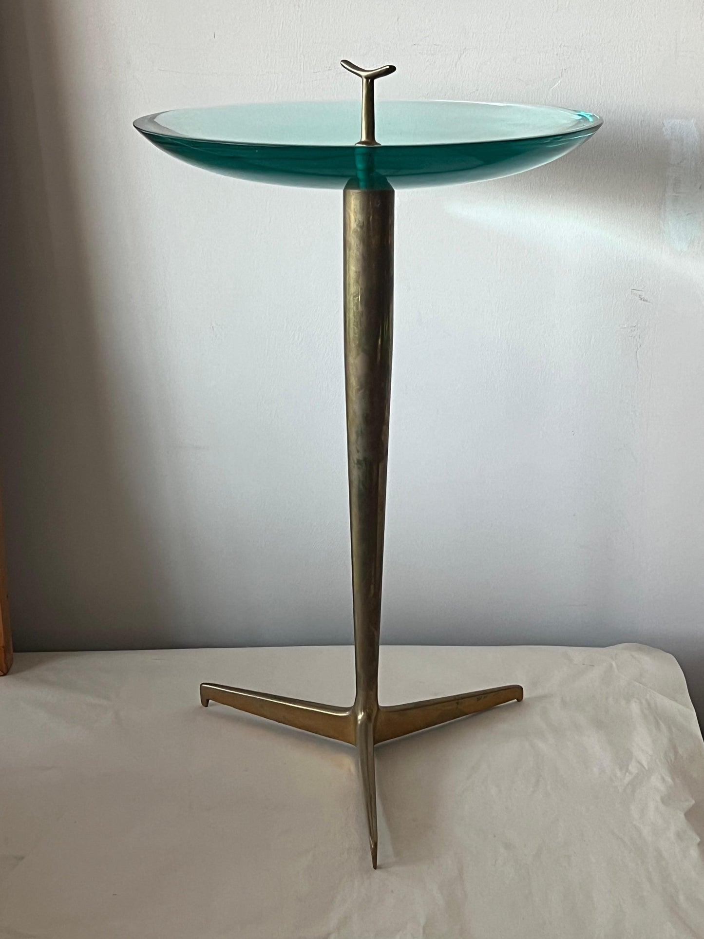 Frisman Vintage Fontana Arte Style Occasional Table in Polished Brass and Concave Glass