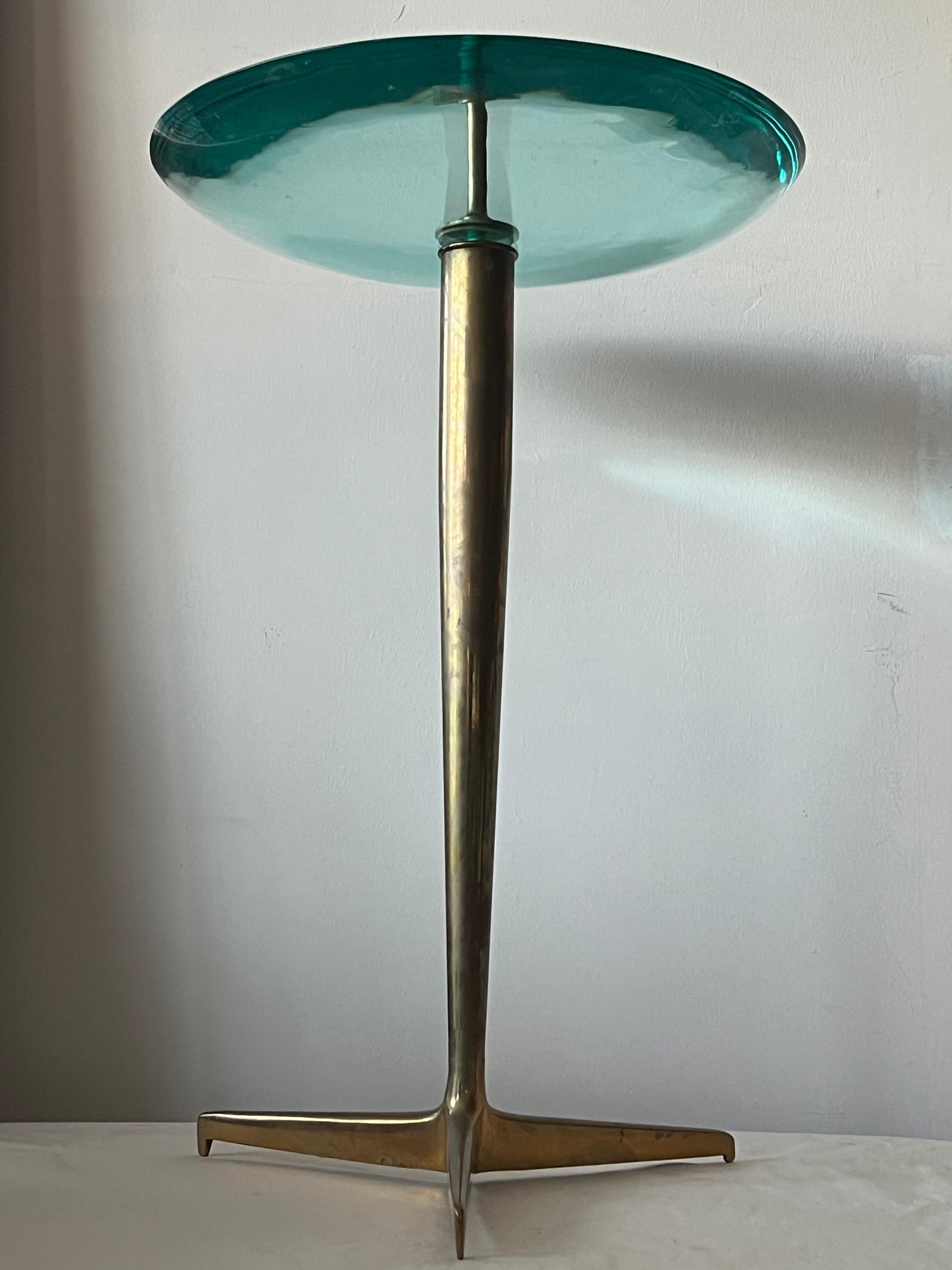 Frisman Vintage Fontana Arte Style Occasional Table in Polished Brass and Concave Glass
