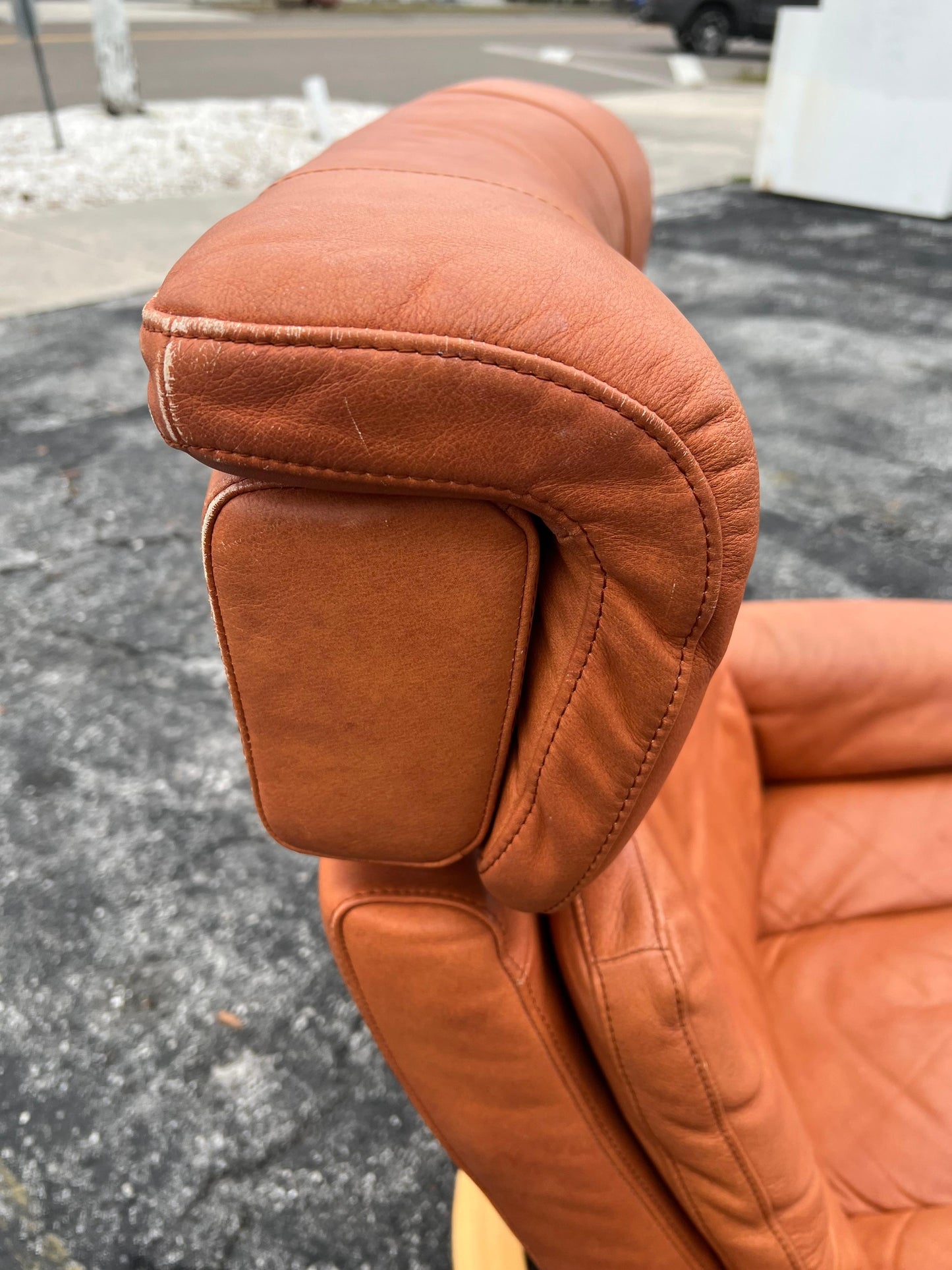 Frisman Vintage Ekornes Stressless Cognac Leather Reclining Swivel Lounge Chair with Ottoman