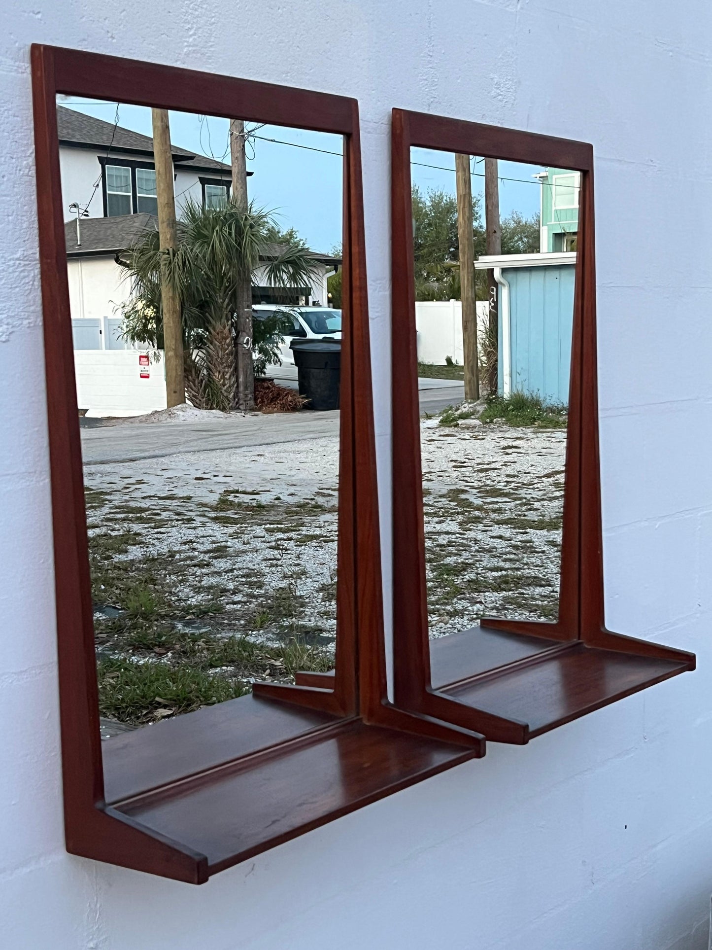 Frisman Vintage A Pair Of Teak Danish Mirrors With Shelves Aksel Kjersgaard 1960's