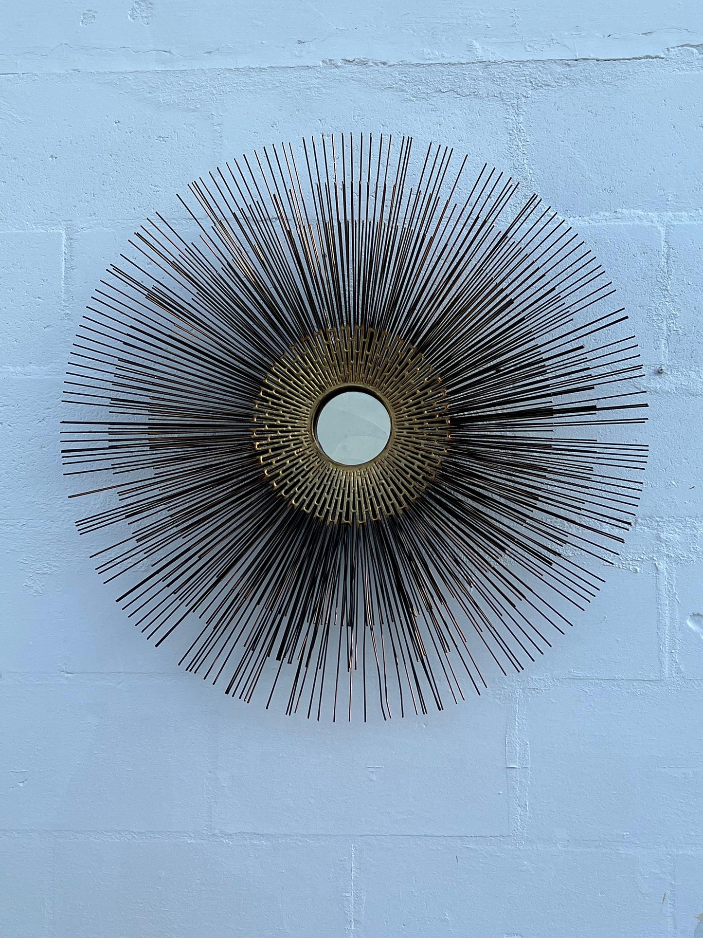 Frisman Vintage Brutalist Sunburst Wall Sculpture Mirror by William Friedle, 1970s