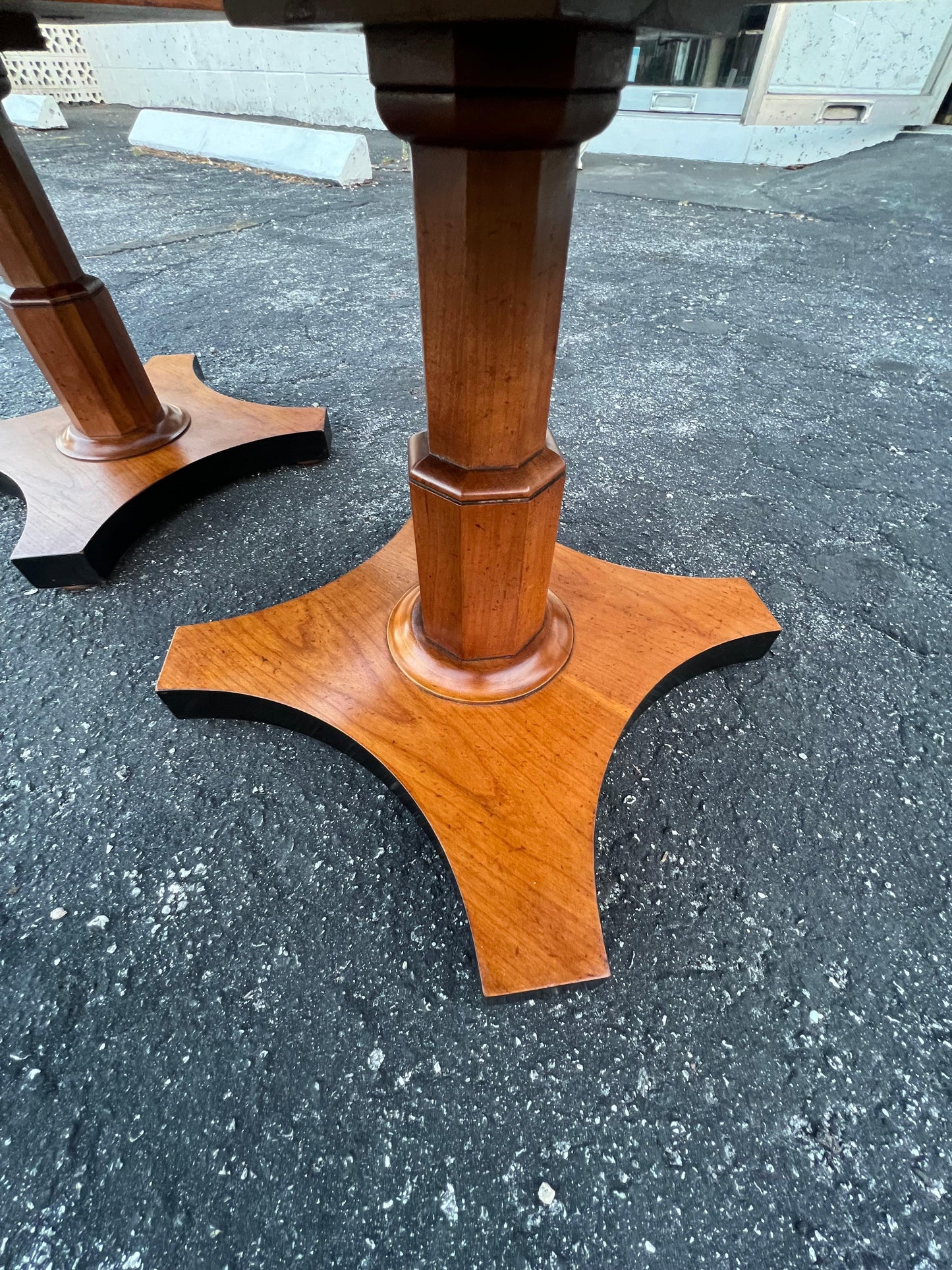Frisman Vintage Baker Furniture Pair of Pedestal Regency Style Burl Walnut Tables Ca' 1950's