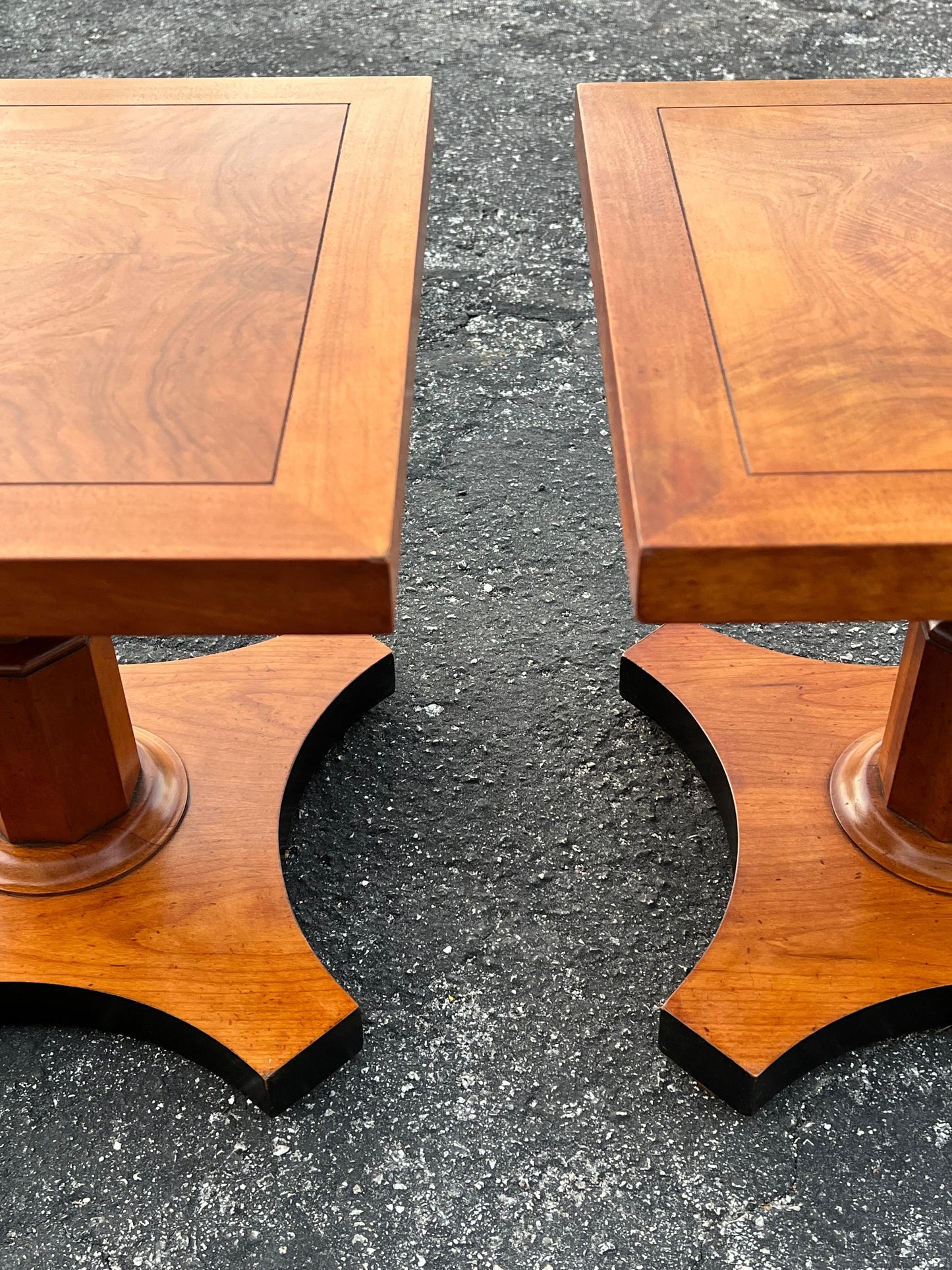 Frisman Vintage Baker Furniture Pair of Pedestal Regency Style Burl Walnut Tables Ca' 1950's