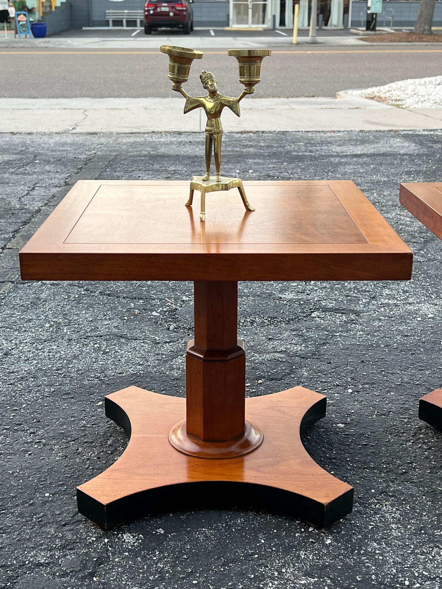 Frisman Vintage Baker Furniture Pair of Pedestal Regency Style Burl Walnut Tables Ca' 1950's
