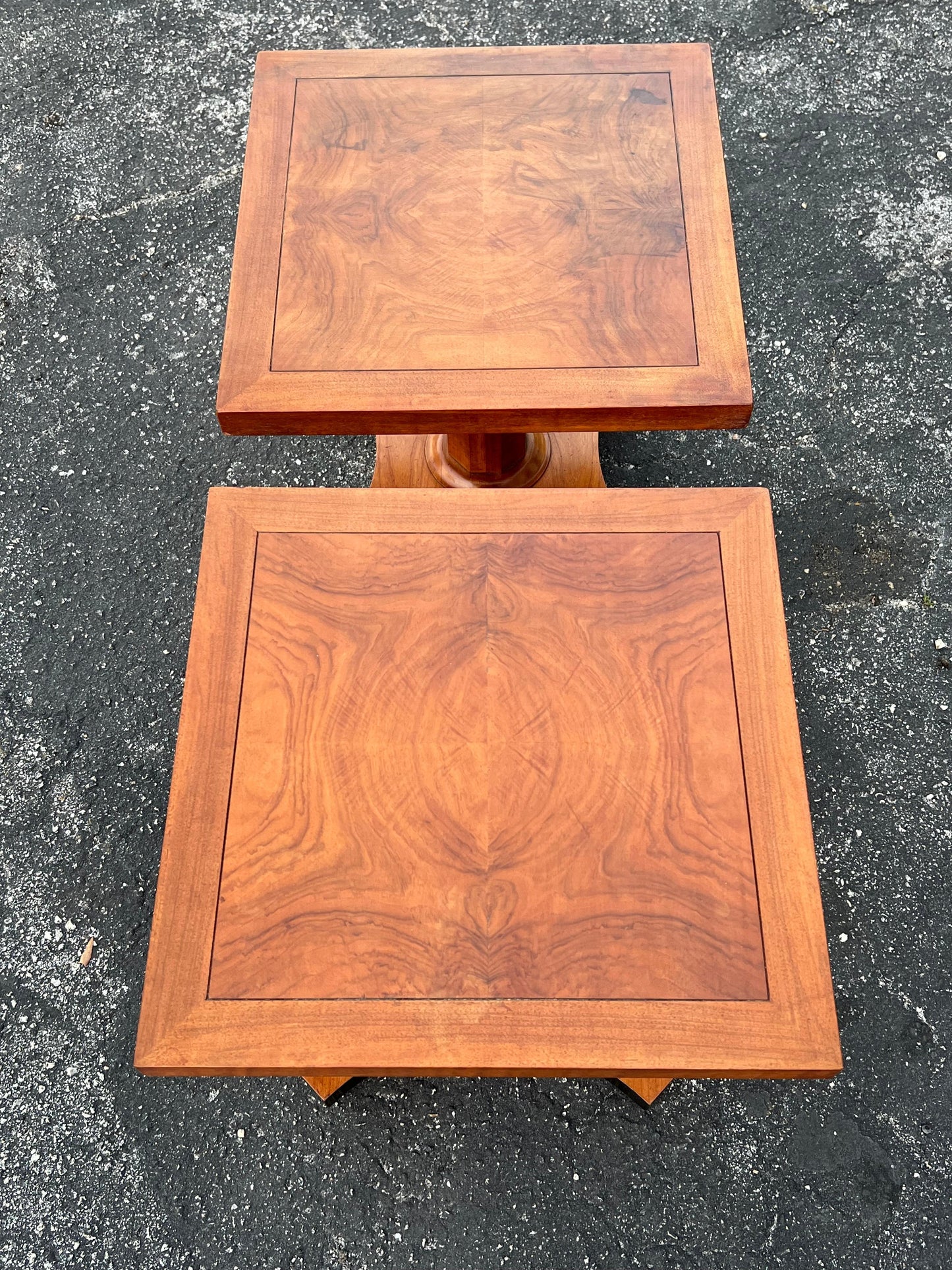 Frisman Vintage Baker Furniture Pair of Pedestal Regency Style Burl Walnut Tables Ca' 1950's