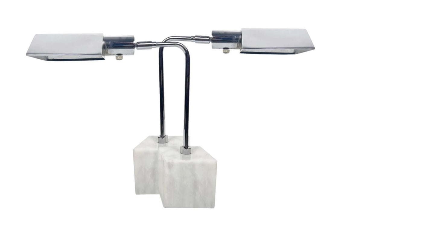 Frisman Vintage Pair Koch Lowy Mid Century Modern OMI Chrome Table Lamp Carrara Marble Base