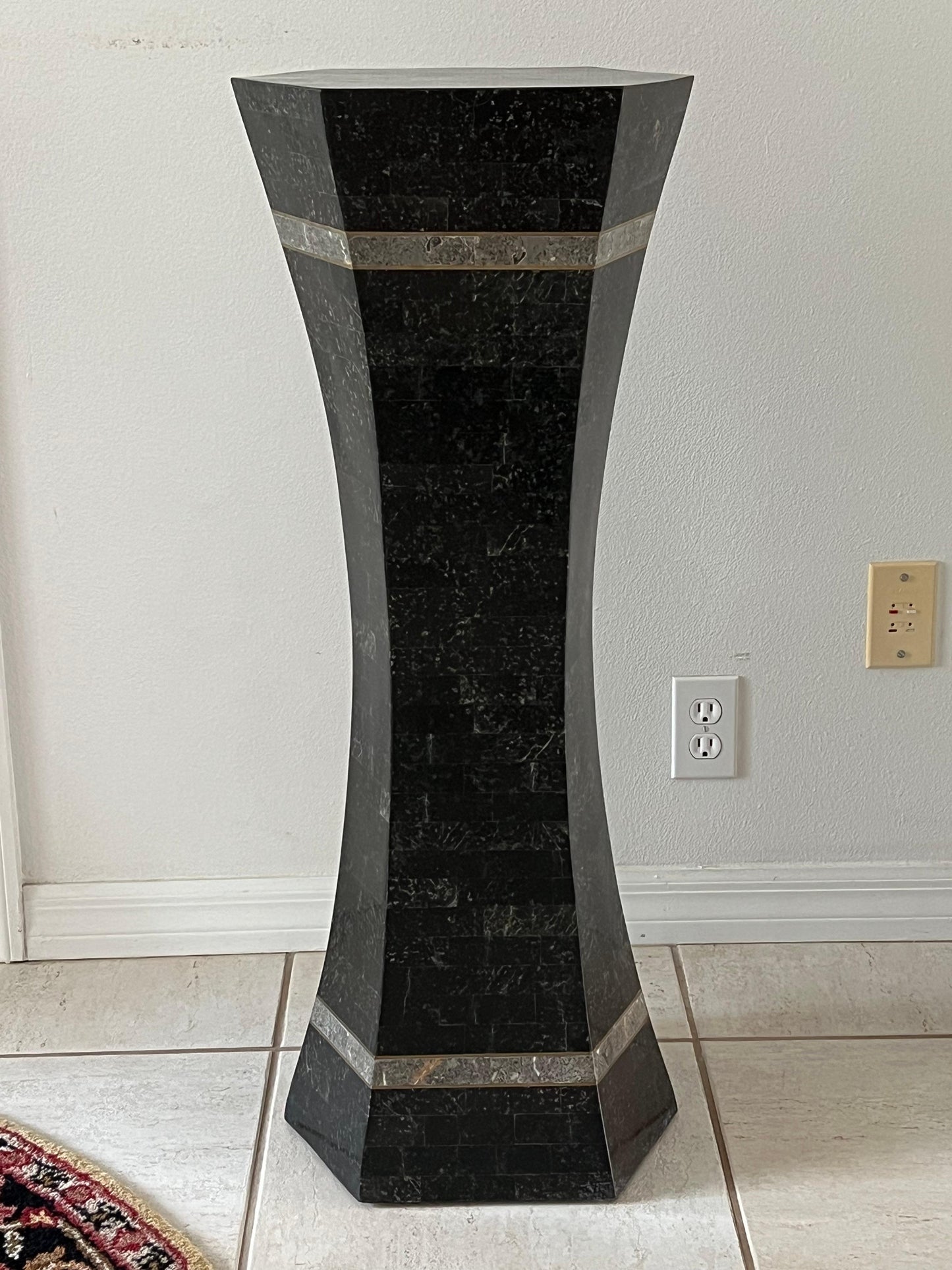 Frisman Vintage Unusual Post Modern Tessellated Stone Pedestal Inlaid Brass
