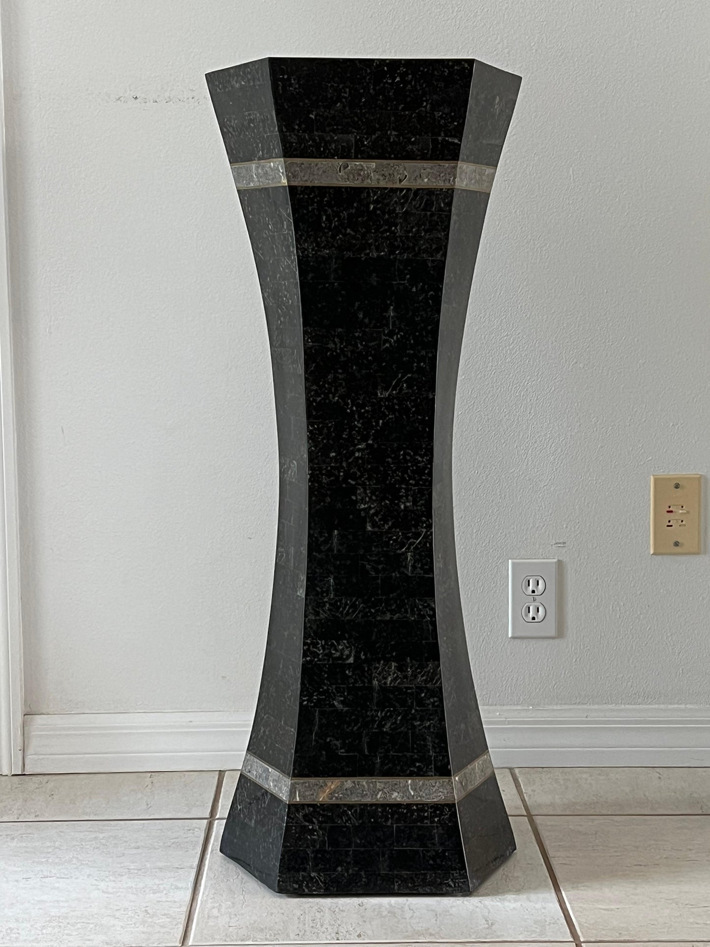 Frisman Vintage Unusual Post Modern Tessellated Stone Pedestal Inlaid Brass