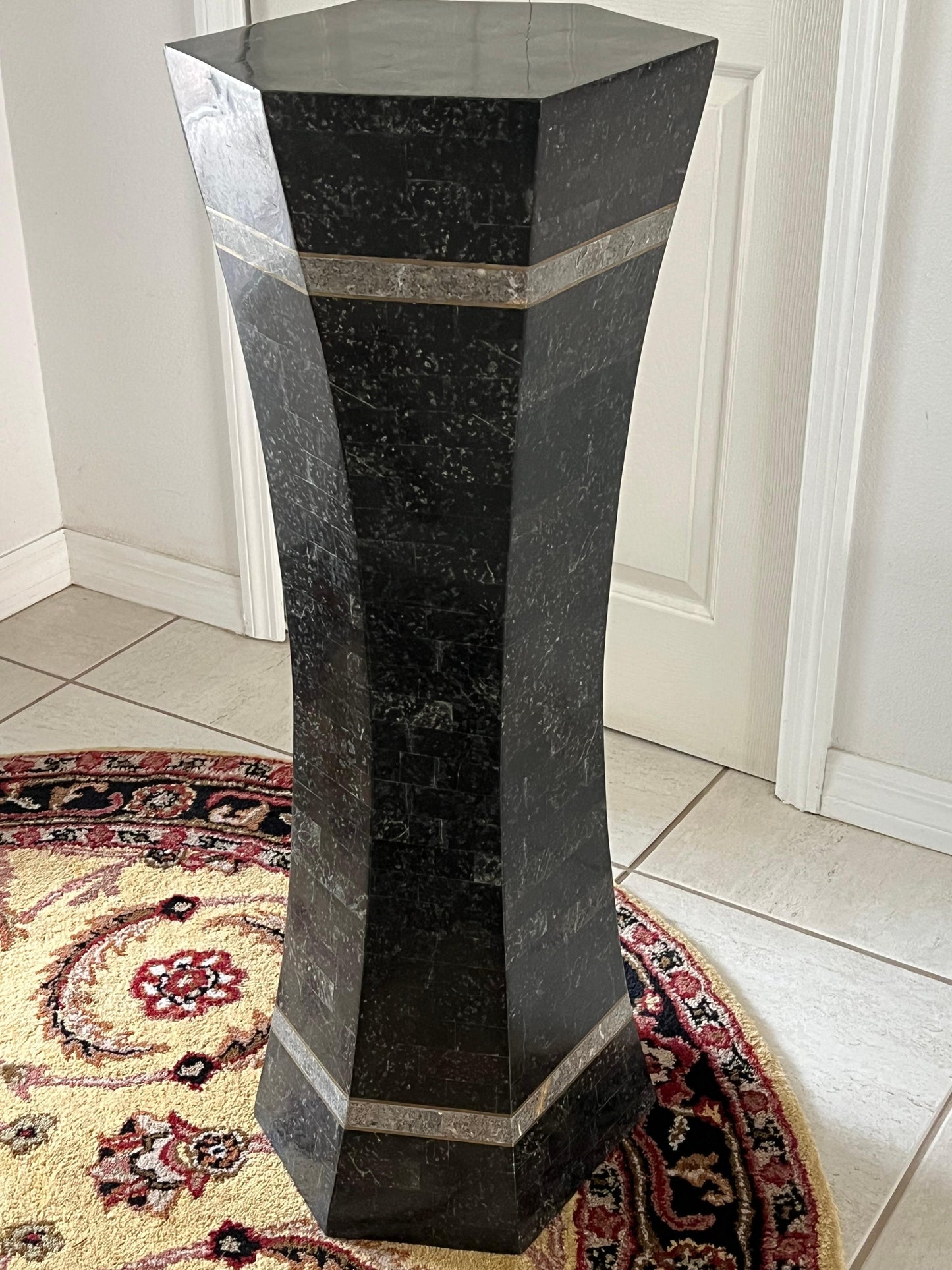 Frisman Vintage Unusual Post Modern Tessellated Stone Pedestal Inlaid Brass