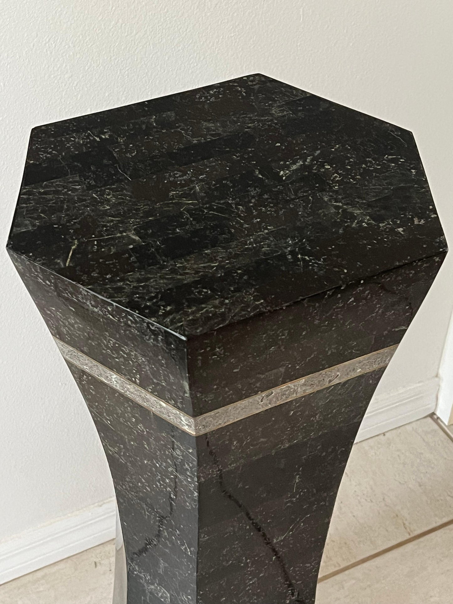 Frisman Vintage Unusual Post Modern Tessellated Stone Pedestal Inlaid Brass