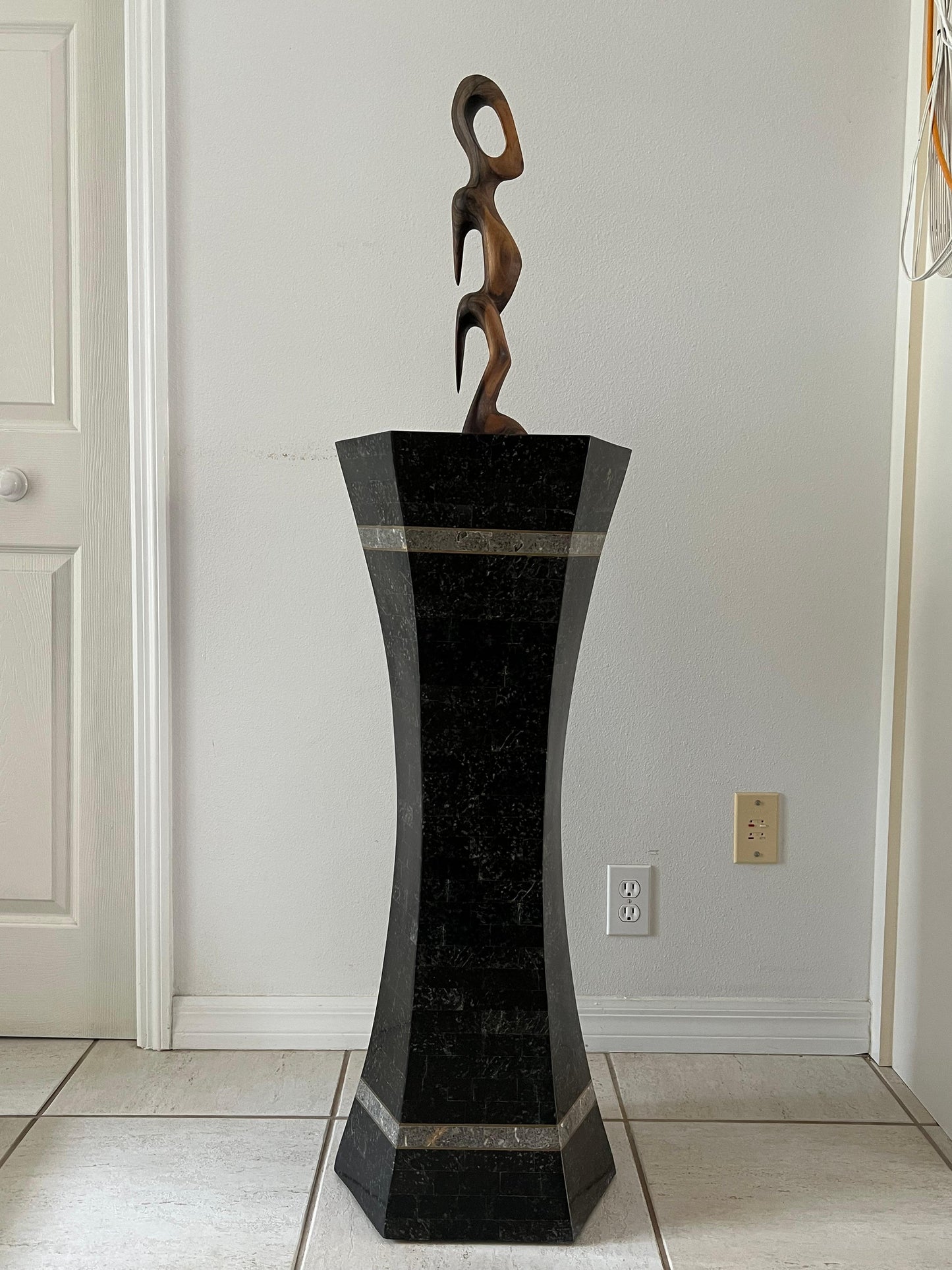 Frisman Vintage Unusual Post Modern Tessellated Stone Pedestal Inlaid Brass