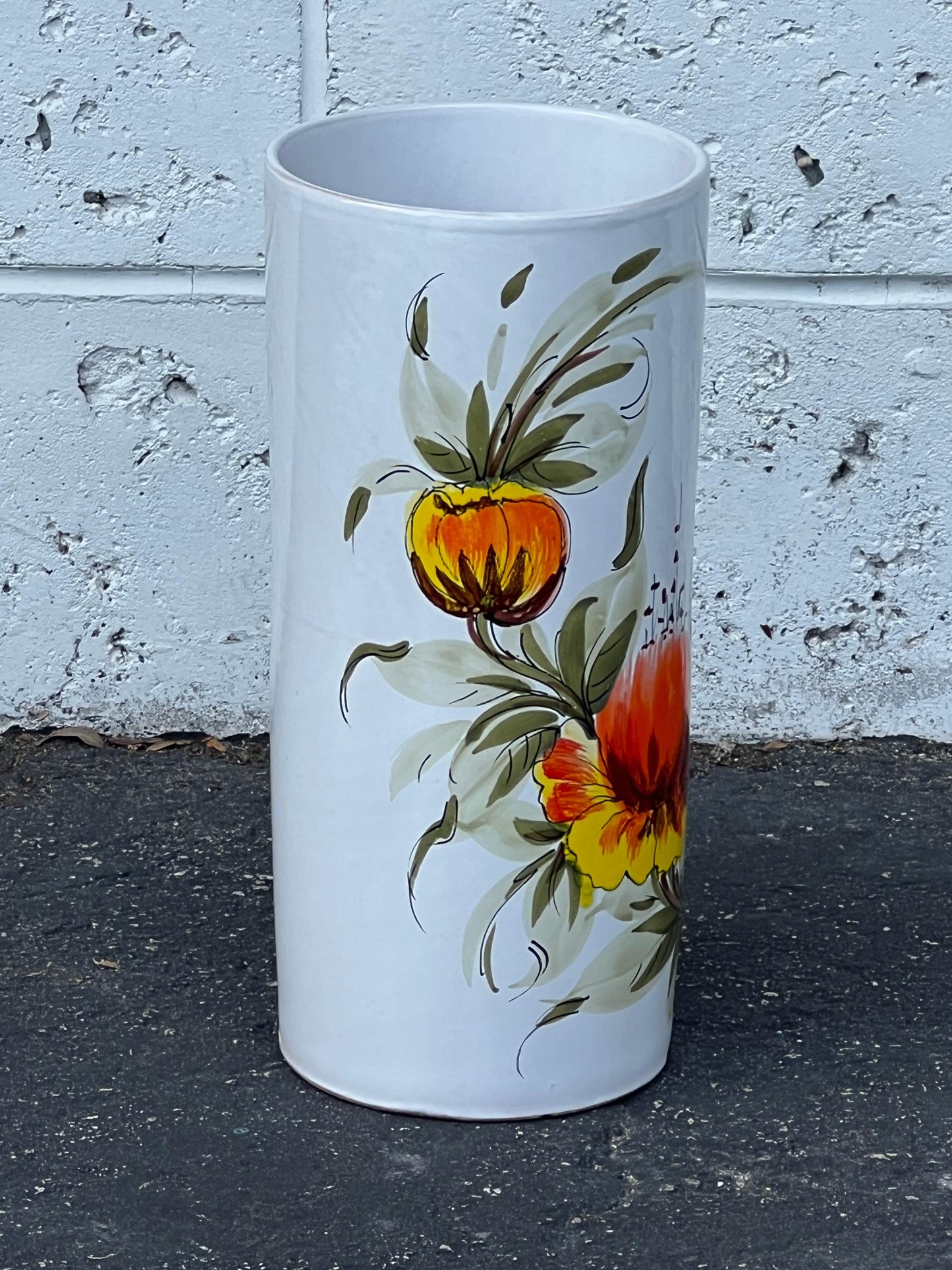 Frisman Vintage 60s MCM Hand Painted Orange Poppy Flower Ceramic Umbrella Stand Holder Italy