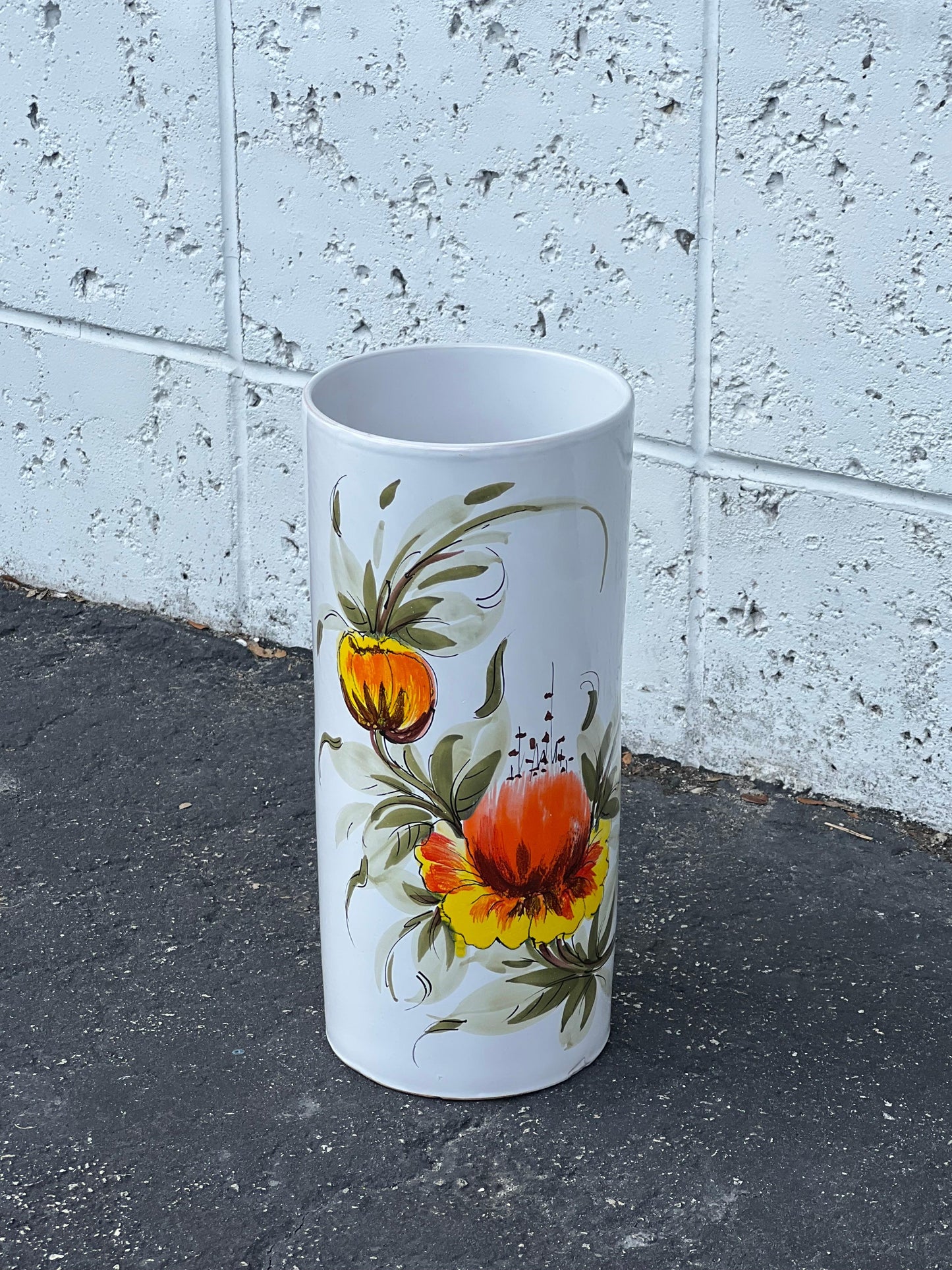 Frisman Vintage 60s MCM Hand Painted Orange Poppy Flower Ceramic Umbrella Stand Holder Italy