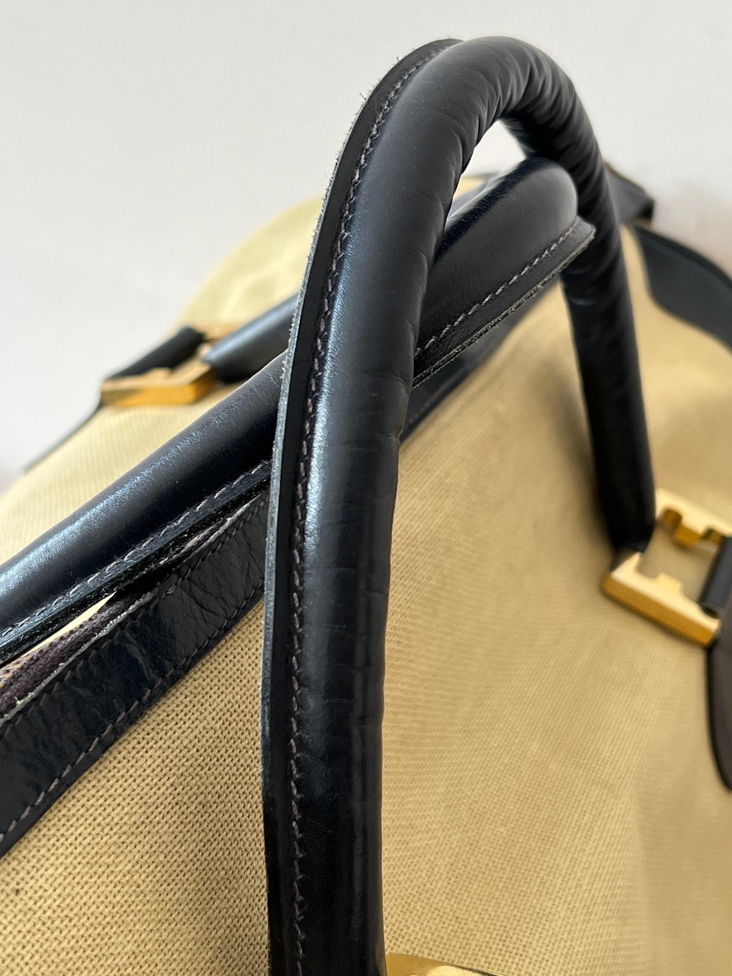 Frisman Vintage Stylish Ferragamo Leather/Canvas Bag With Brass Accents ca' 1980's