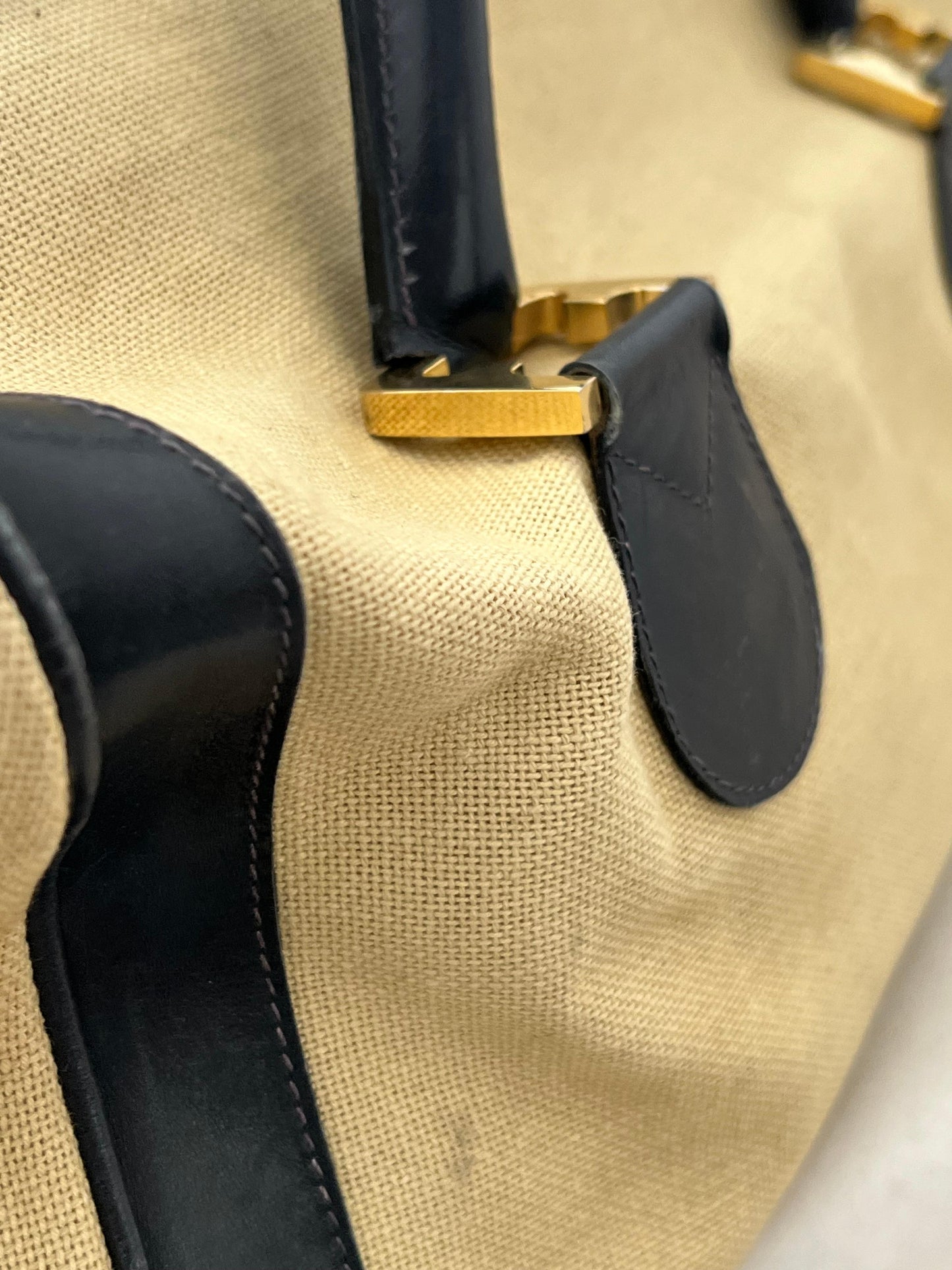 Frisman Vintage Stylish Ferragamo Leather/Canvas Bag With Brass Accents ca' 1980's