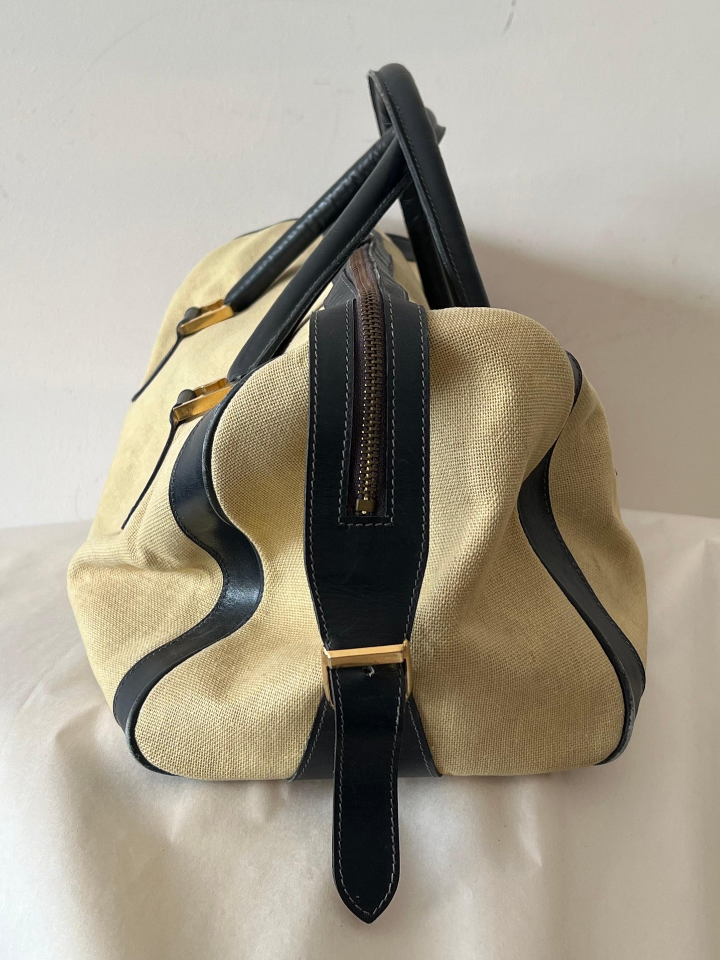 Frisman Vintage Stylish Ferragamo Leather/Canvas Bag With Brass Accents ca' 1980's