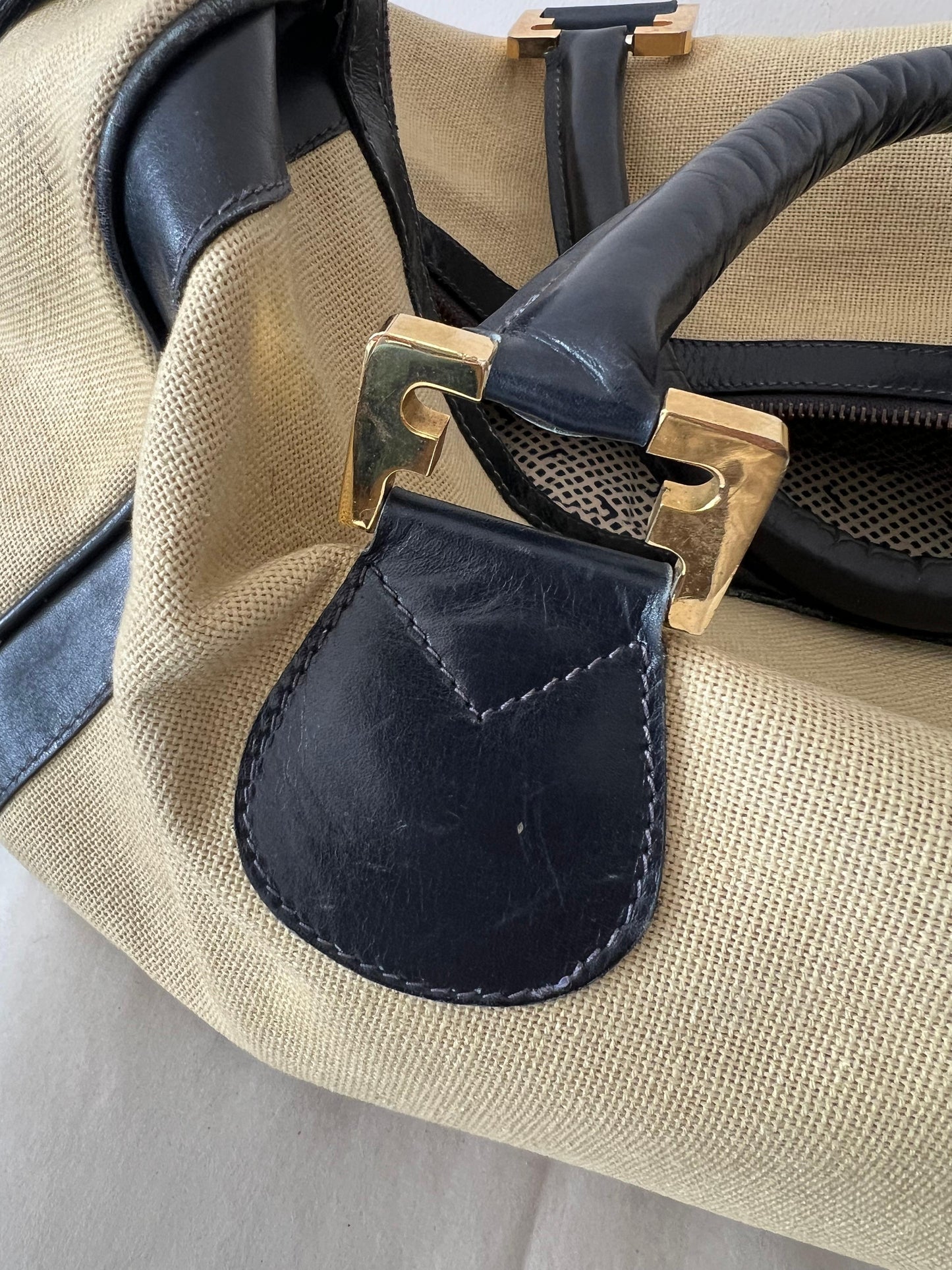 Frisman Vintage Stylish Ferragamo Leather/Canvas Bag With Brass Accents ca' 1980's