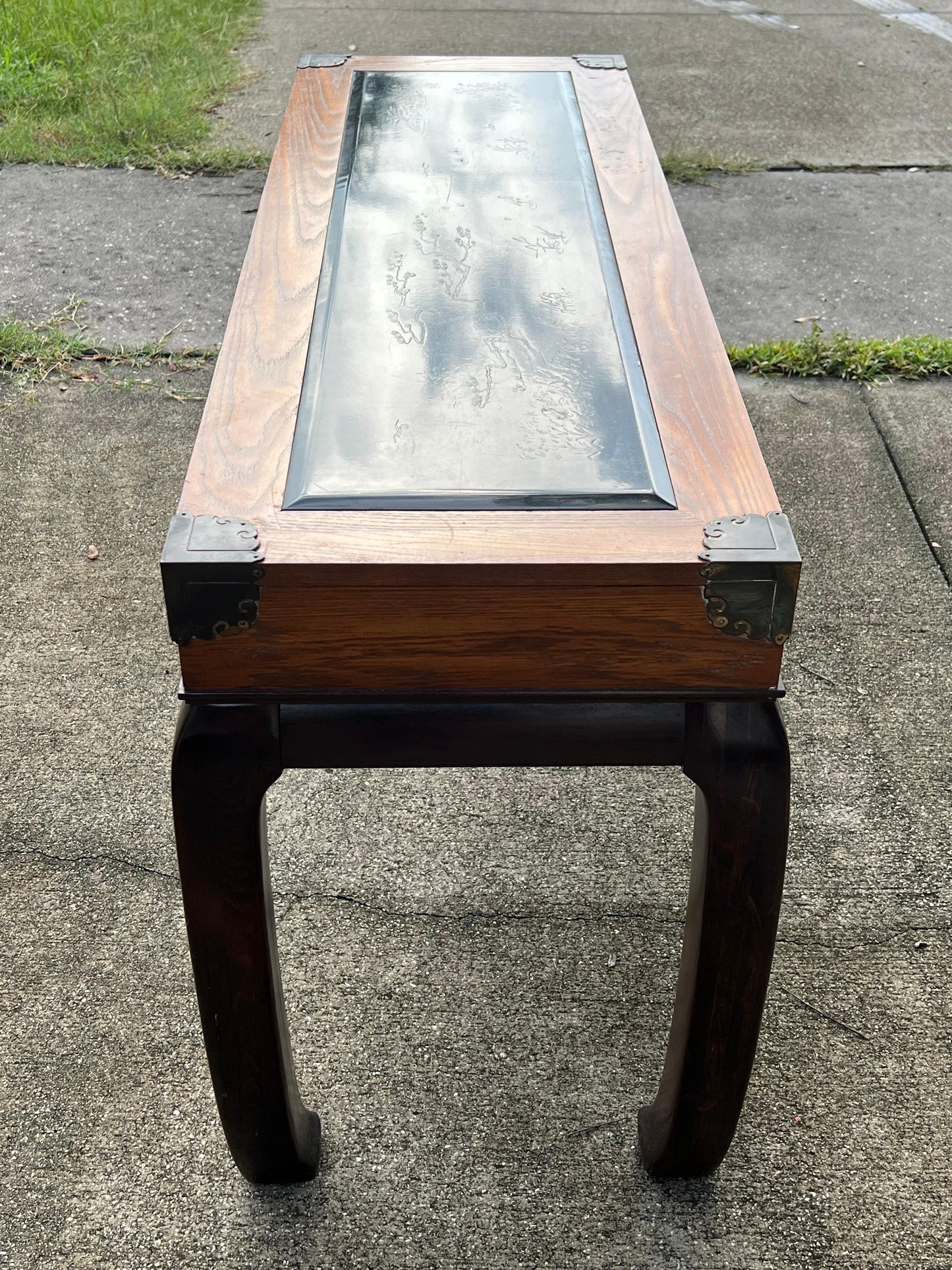 Frisman Vintage Chinoiserie Console Table By Bassett Ca' 1970's With Glass Etched Insert