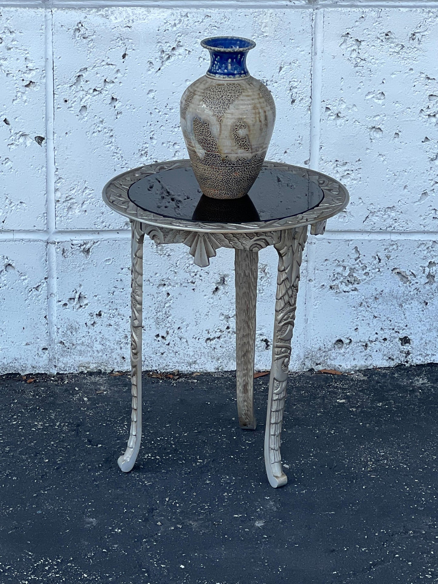 Frisman Vintage Art Deco Cast Iron Occasional Table With Black Glass Top ca' 1930's