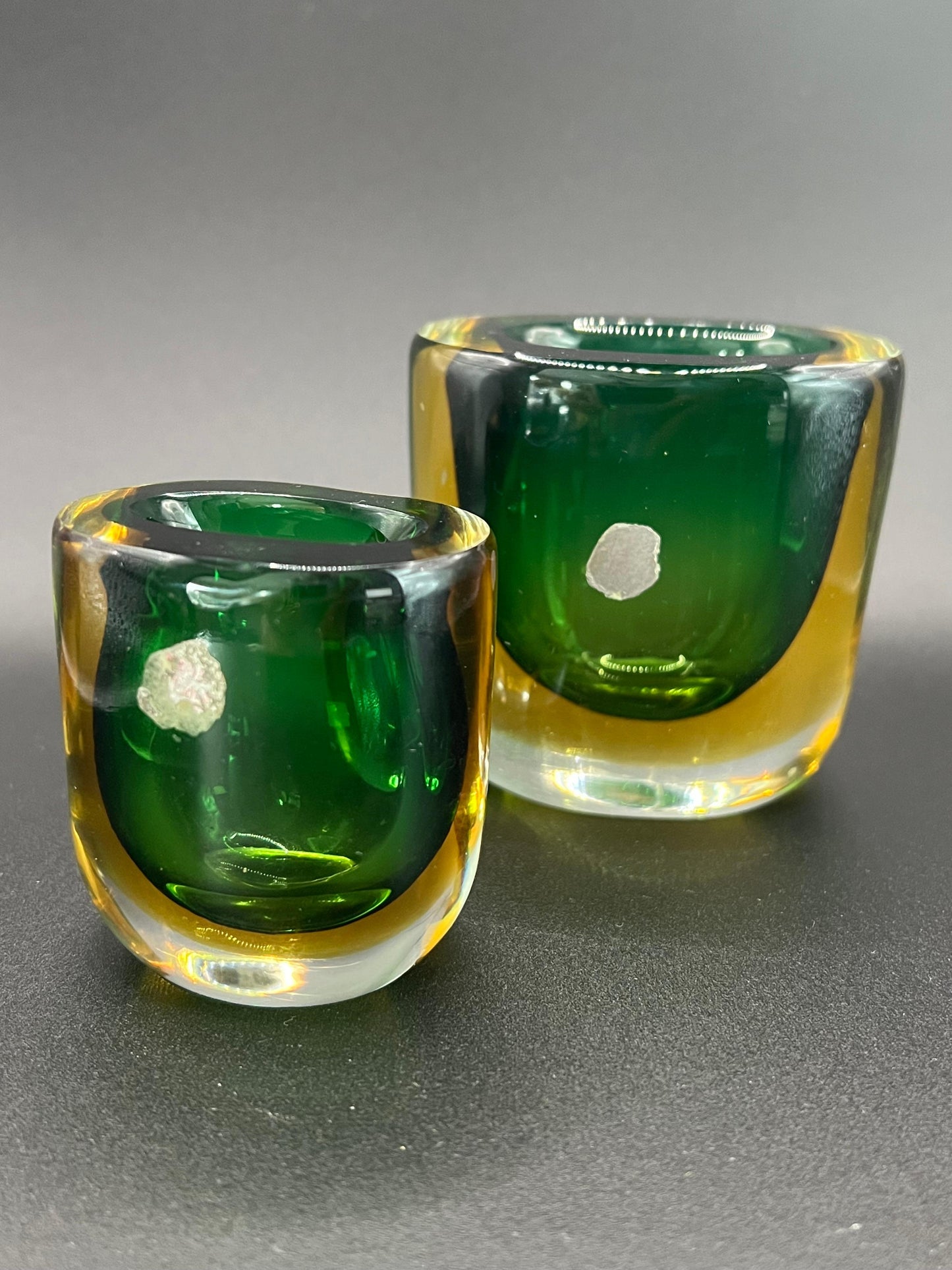 Frisman Vintage Two Glass Vases Sommerso ca' 1950's Green Amber