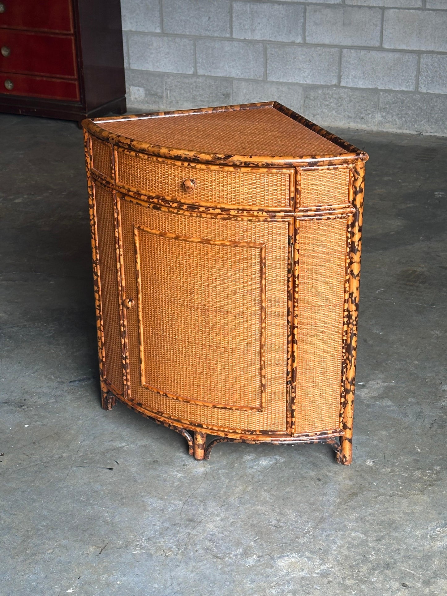 Frisman Vintage 1980s British Colonial Style Bamboo and Cane Corner Cabinet