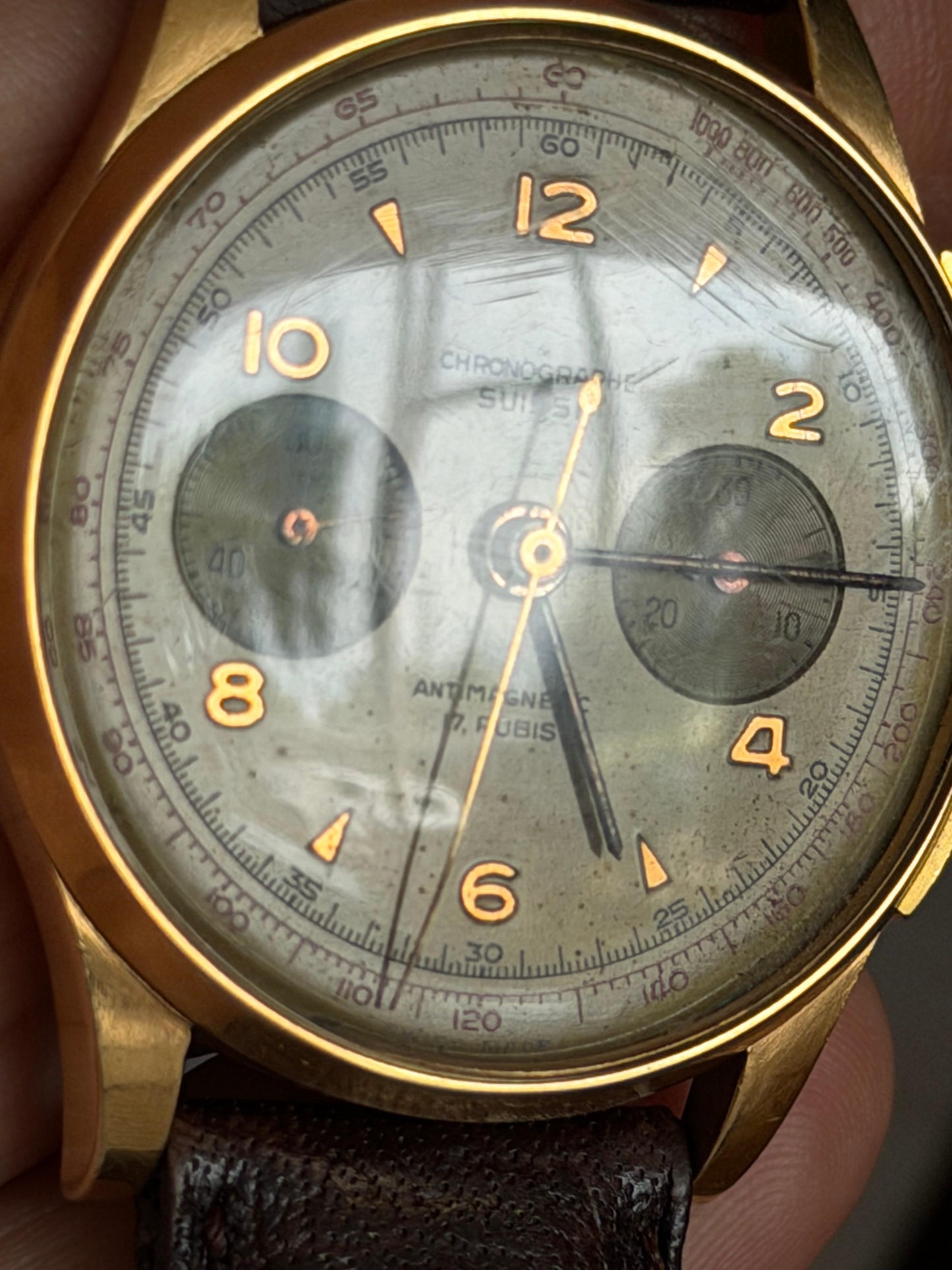 Frisman Vintage Chronograph Suisse 18K Rose Gold Two-Register Antimagnetic Watch