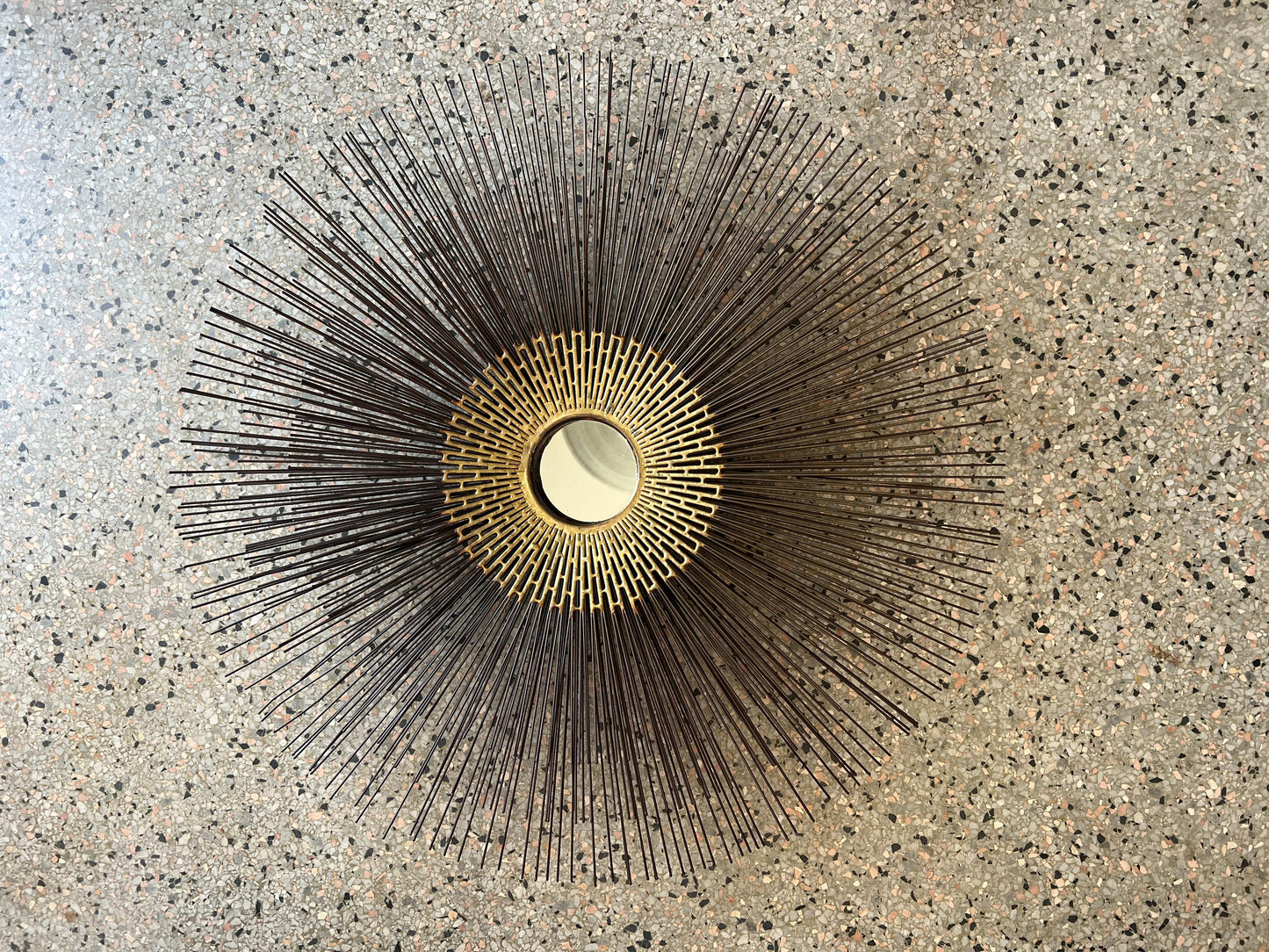 Frisman Vintage Brutalist Sunburst Wall Sculpture Mirror by William Friedle, 1970s