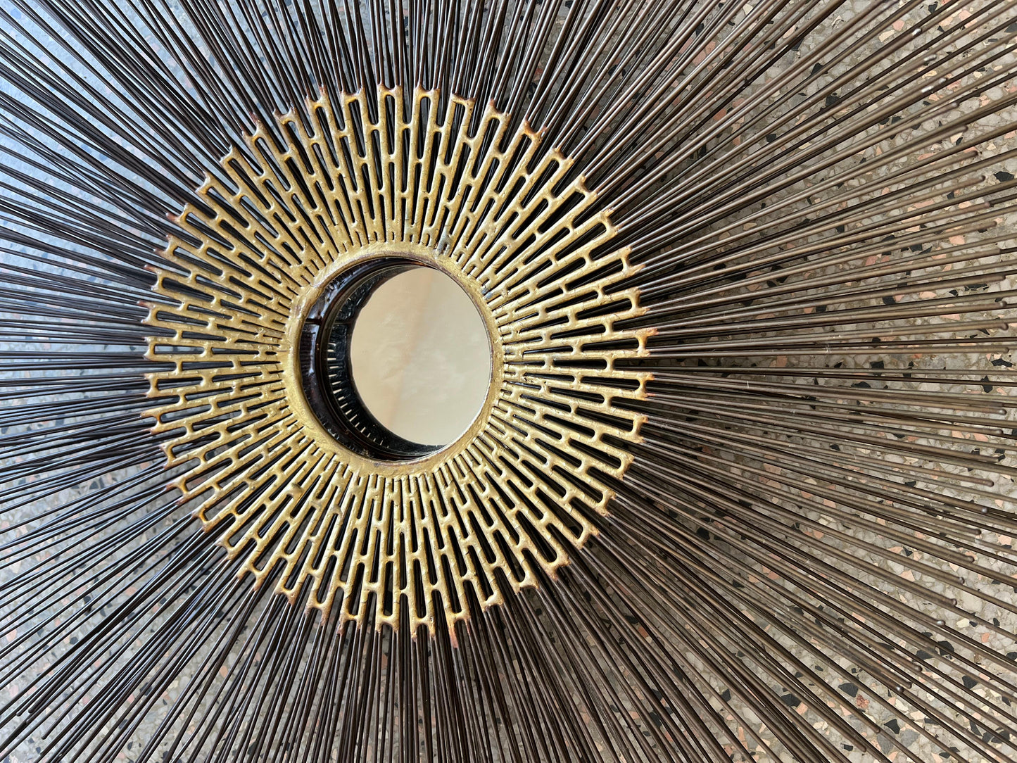 Frisman Vintage Brutalist Sunburst Wall Sculpture Mirror by William Friedle, 1970s