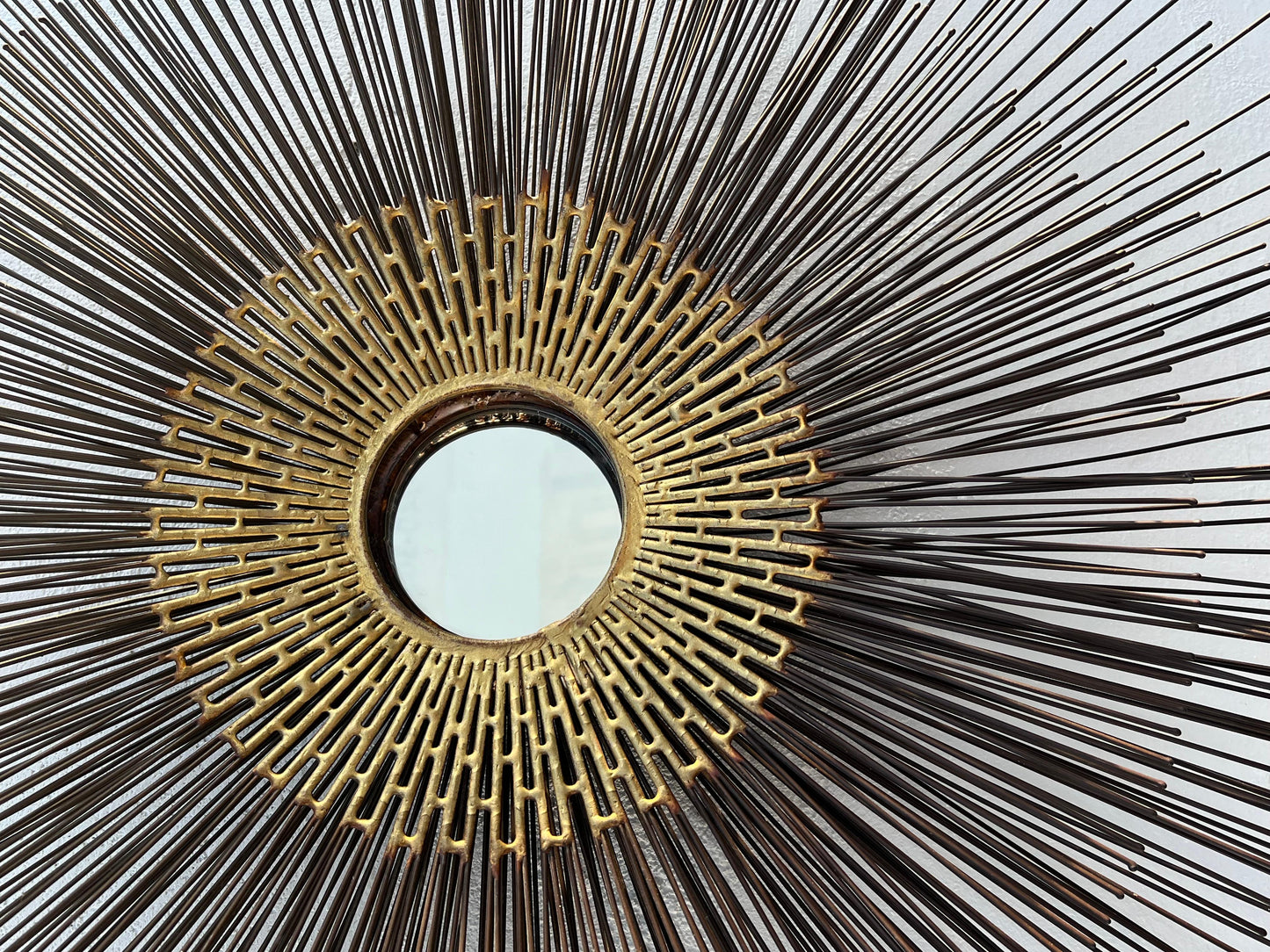 Frisman Vintage Brutalist Sunburst Wall Sculpture Mirror by William Friedle, 1970s