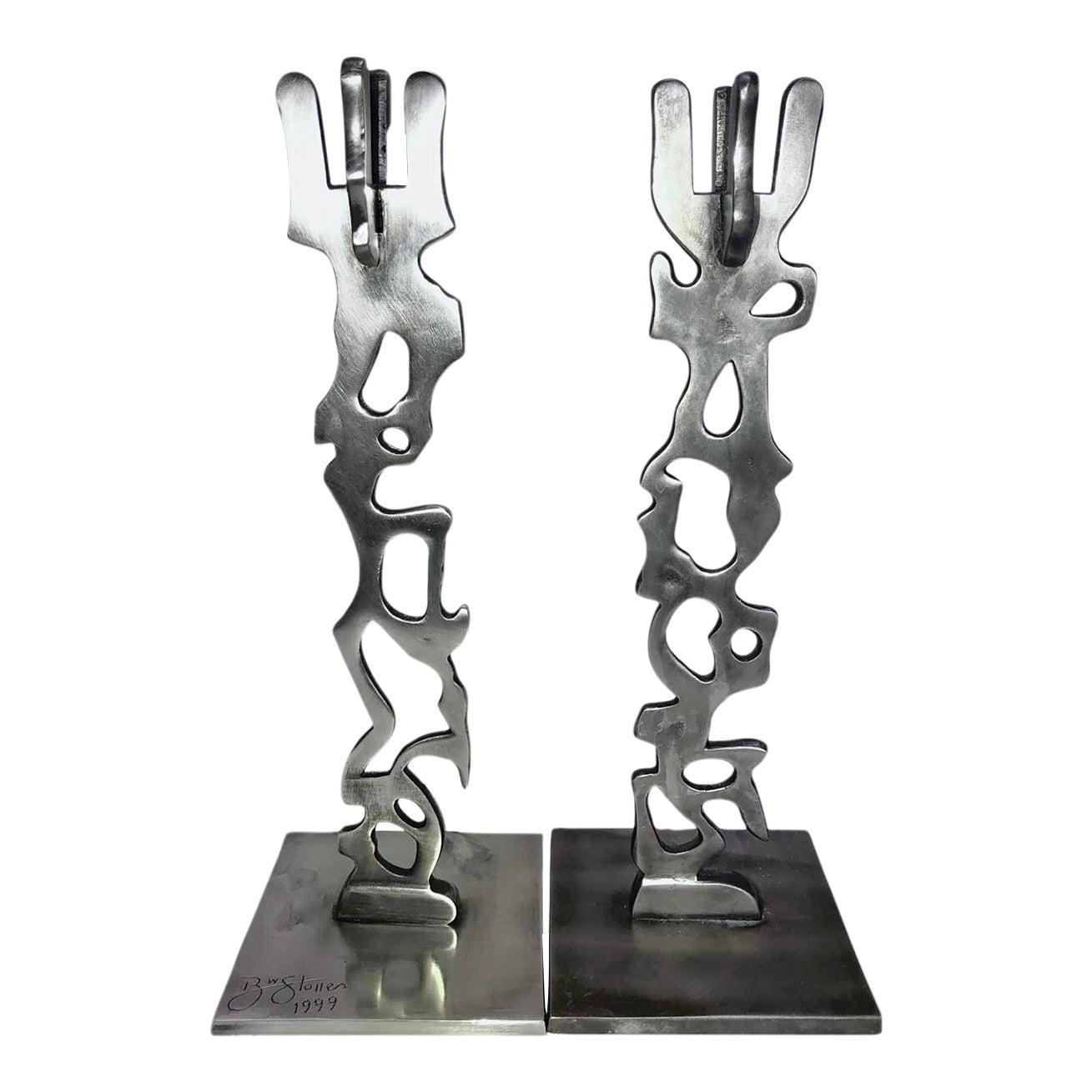 Frisman Vintage Robert Stoller Signed Post Modern Pair Brutalist Abstract Aluminum Candleholders