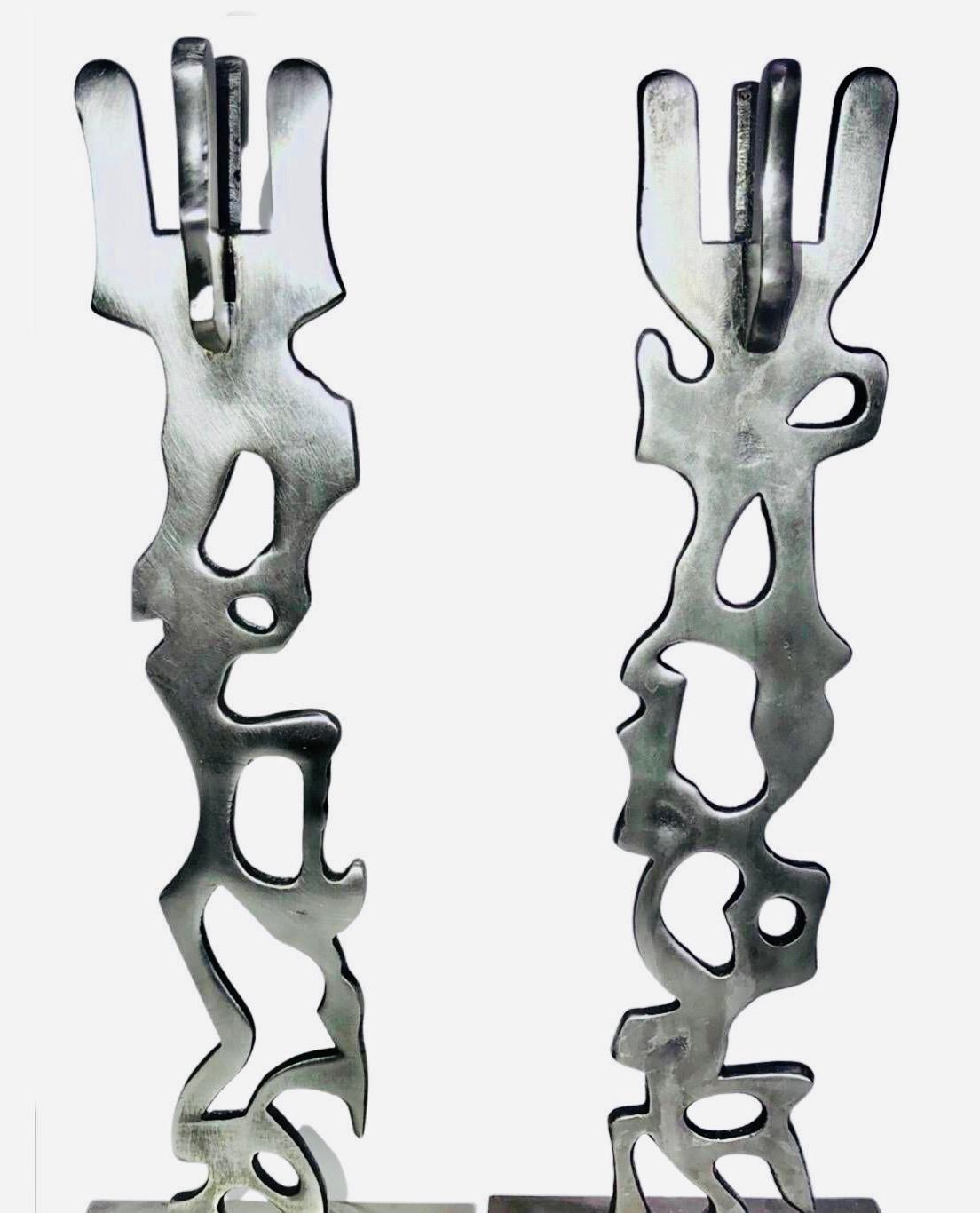 Frisman Vintage Robert Stoller Signed Post Modern Pair Brutalist Abstract Aluminum Candleholders