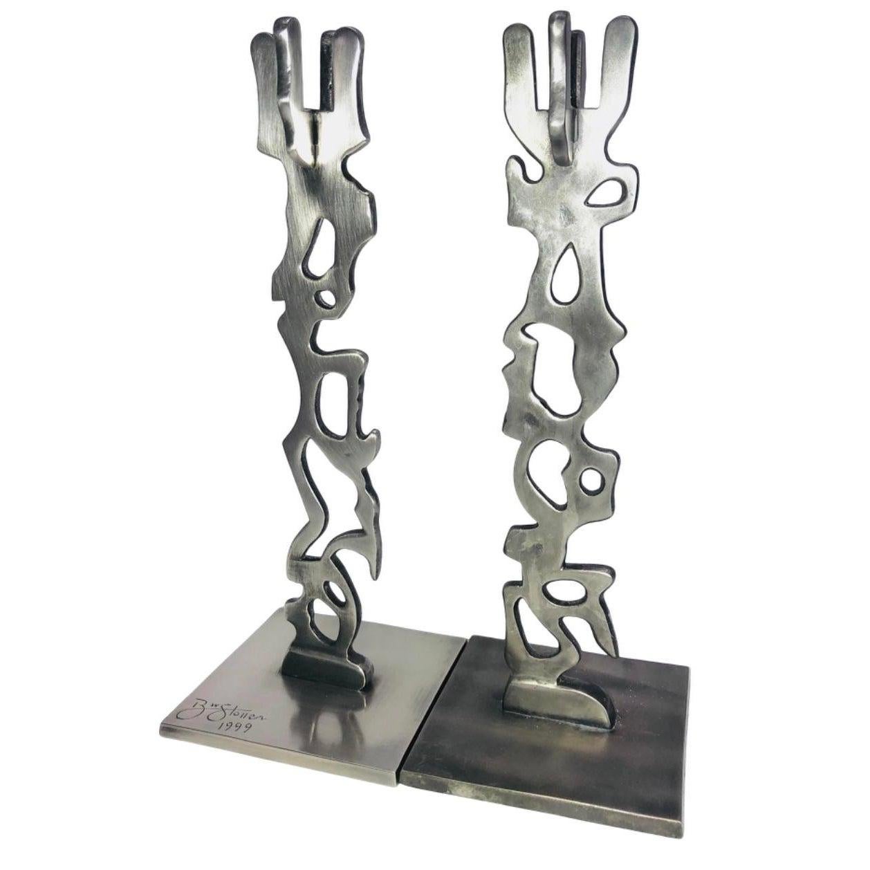 Frisman Vintage Robert Stoller Signed Post Modern Pair Brutalist Abstract Aluminum Candleholders