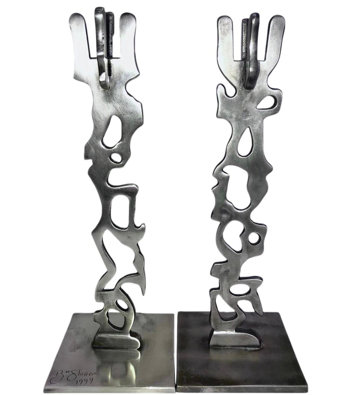 Frisman Vintage Robert Stoller Signed Post Modern Pair Brutalist Abstract Aluminum Candleholders